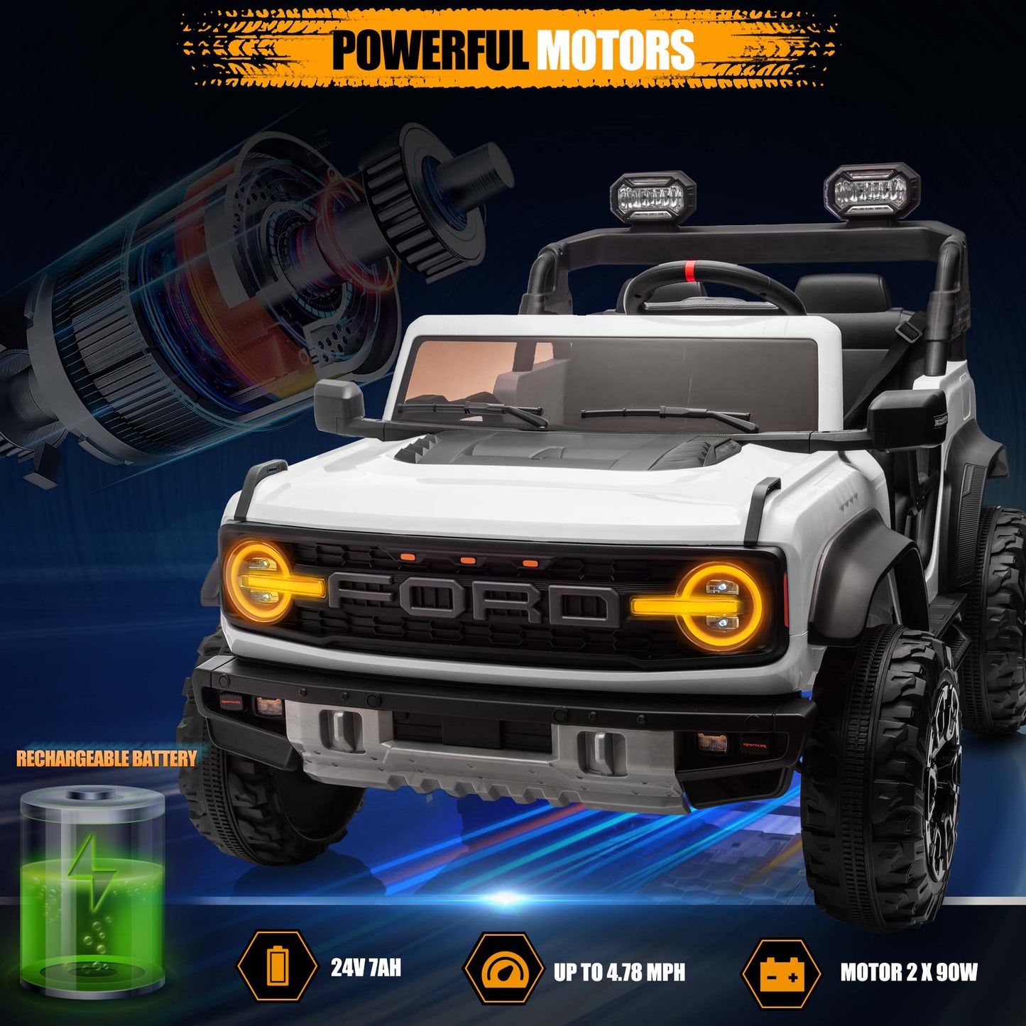 Ford Bronco Raptor 24V Ride on Toys, 2 Seater Ride on Cars with Remote Control, Bluetooth Music, Spring Suspension, Battery Powered Electric Car for Kids Ages 3-8, White