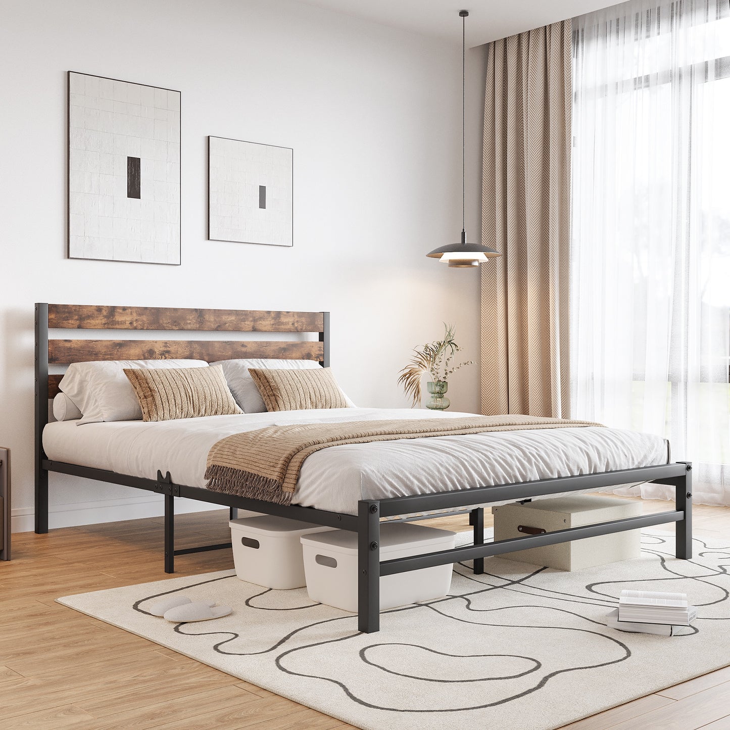 iRerts Queen Bed Frame with Headboard, Metal Platform Bed Frame No Box Spring Needed, Bed Frame Queen Size with Metal Support,  Noise-Free, Under Bed Storage, Easy Assembly, Rustic Brown