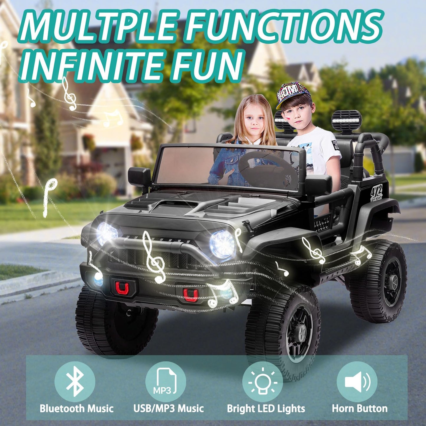 iRerts 24V 2 Seater Ride on Car, Powered Ride on Toys for Bid Kids Boys Girls Gifts, Kids Car Electric Vehicle with Remote Control, Music, Bluetooth, LED Light, USB/MP3 Port, 4 Wheel Suspension, Black