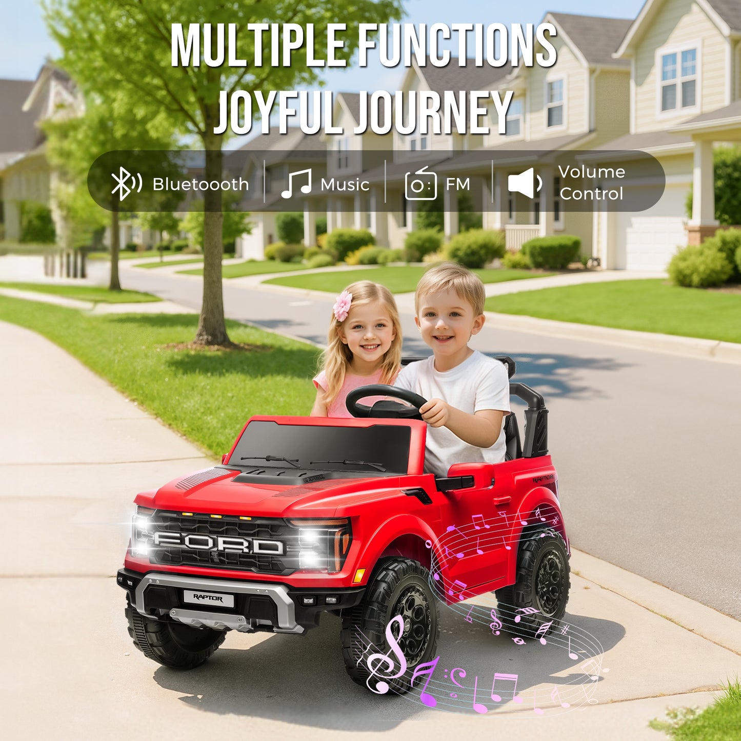 iRerts 24V Ride on Toys for Big Kids, Licensed Ford F 150 Raptor 2 Seater Ride on Cars with Remote Control, Bluetooth, FM Radio, LED Lights, 4 Wheels Suspension, Electric Car for Kids Ages 3-8, Red