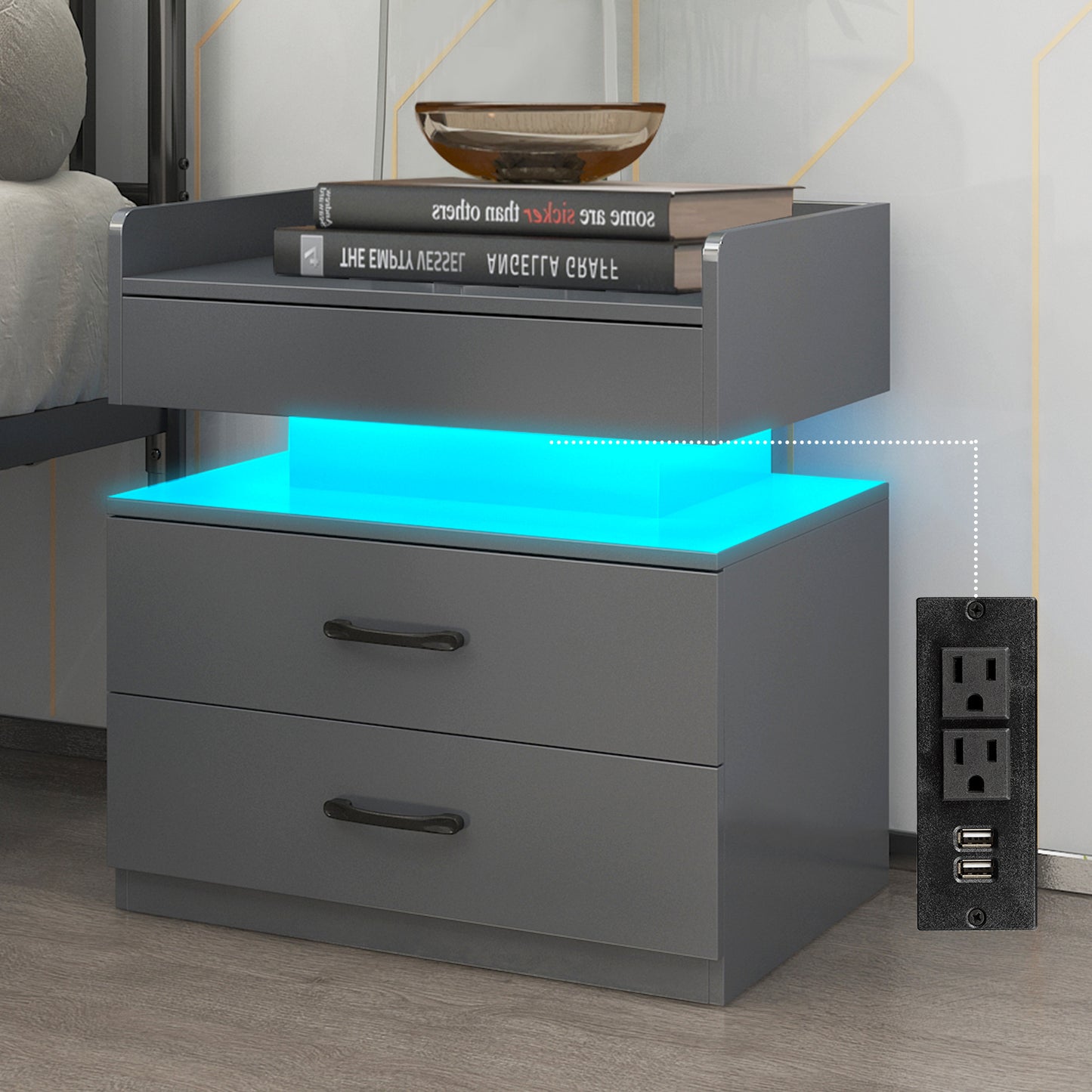 iRerts Bedside Table with Charging Station, Wood High Gloss Nightstand for Bedroom with Plug Outlet, 2 USB Ports, 2 Drawers, 16 LED Lights, Modern Night Stands End Side Table for Bedroom Office, Gray