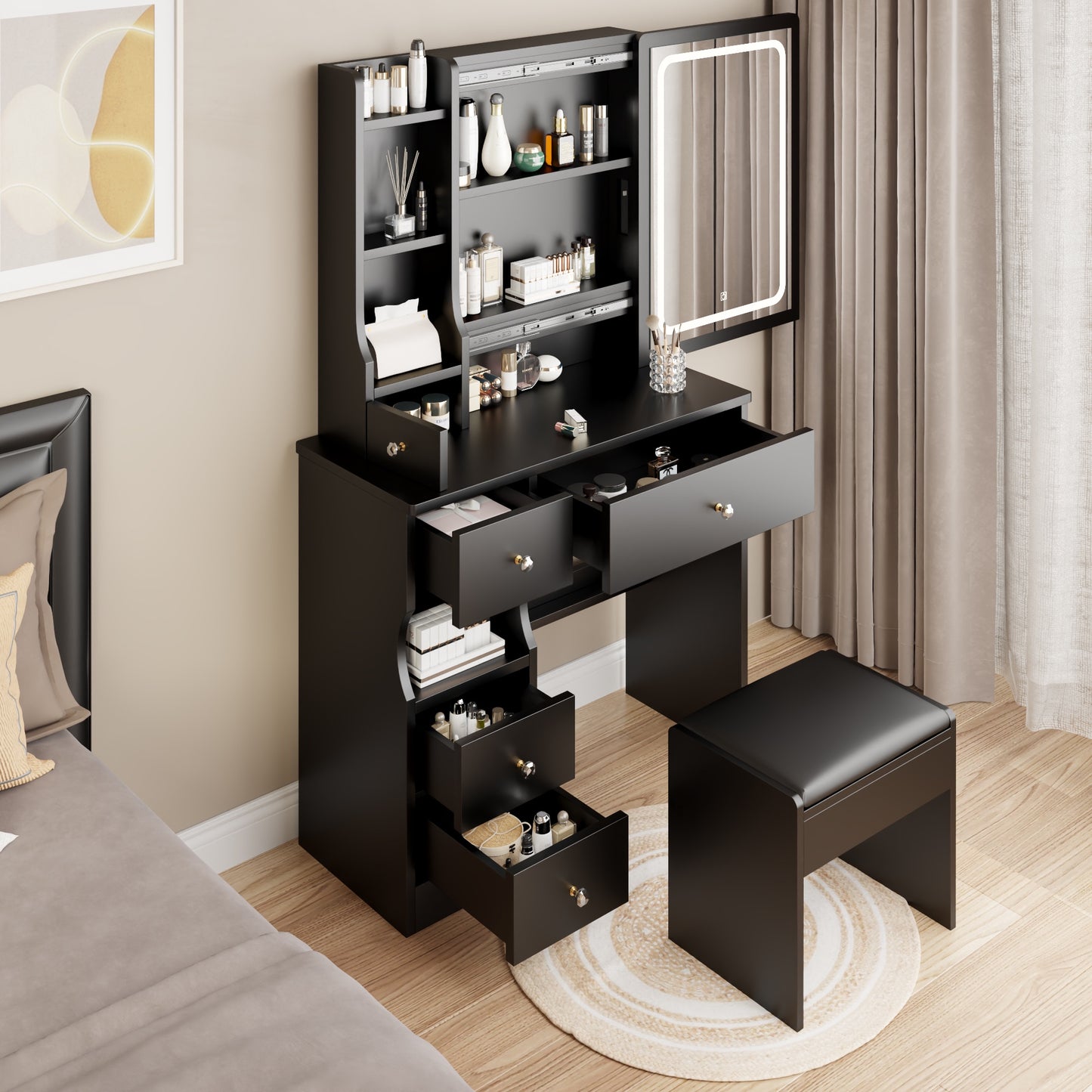 iRerts Vanity Desk with Chair, Makeup Vanity Set with LED Mirror, 3 Lighting Modes Brightness Adjustable, Shelf and Drawers, Makeup Vanity Desk Dressing Table Set for Bedroom Small Space, Black