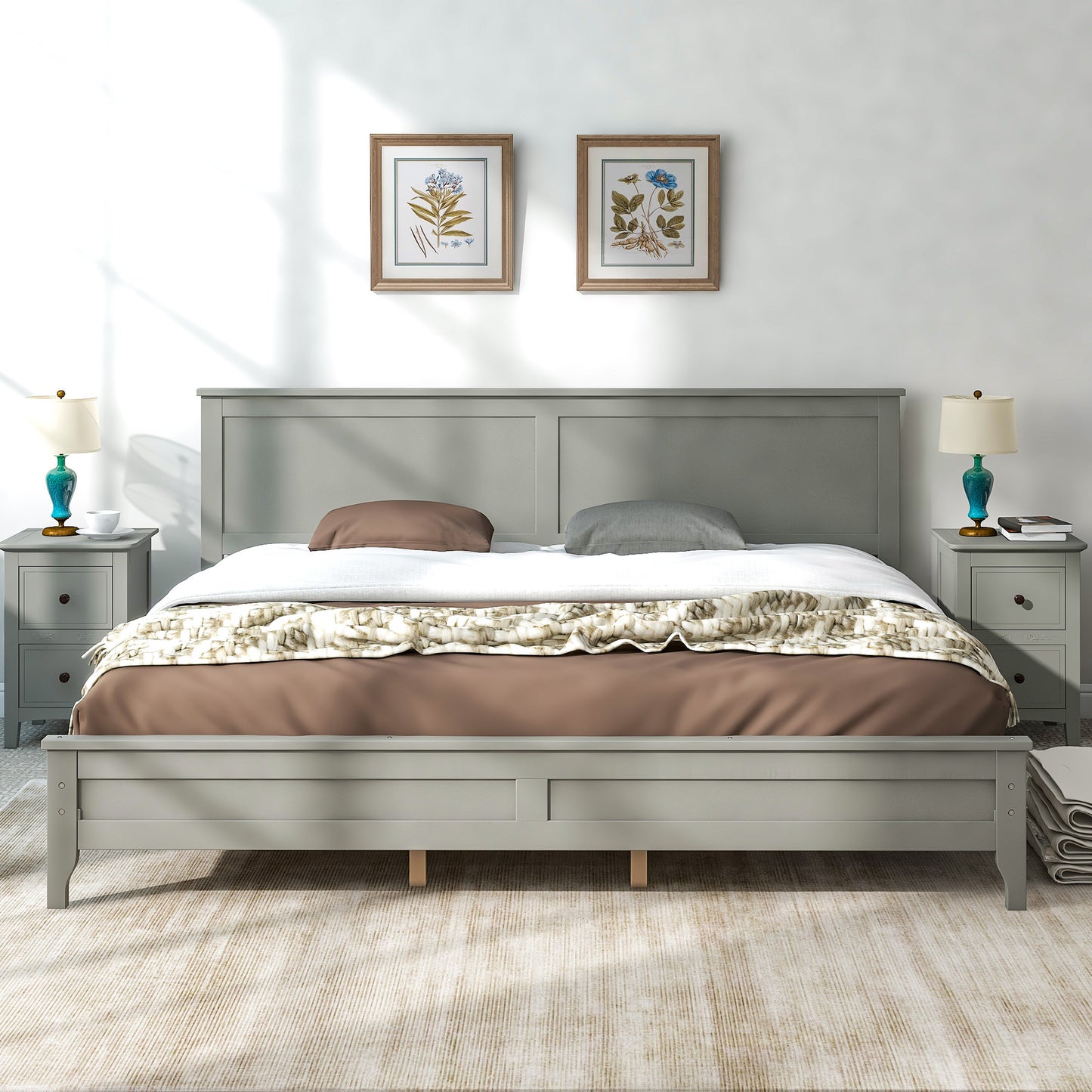 iRerts King Platform Bed Frame with Headboard and Footboard, Solid Wood Bed Frames King Size with Slats Support, Oak Top, Modern King Bed Frame No Box Spring Needed for Kids Adults, Gray