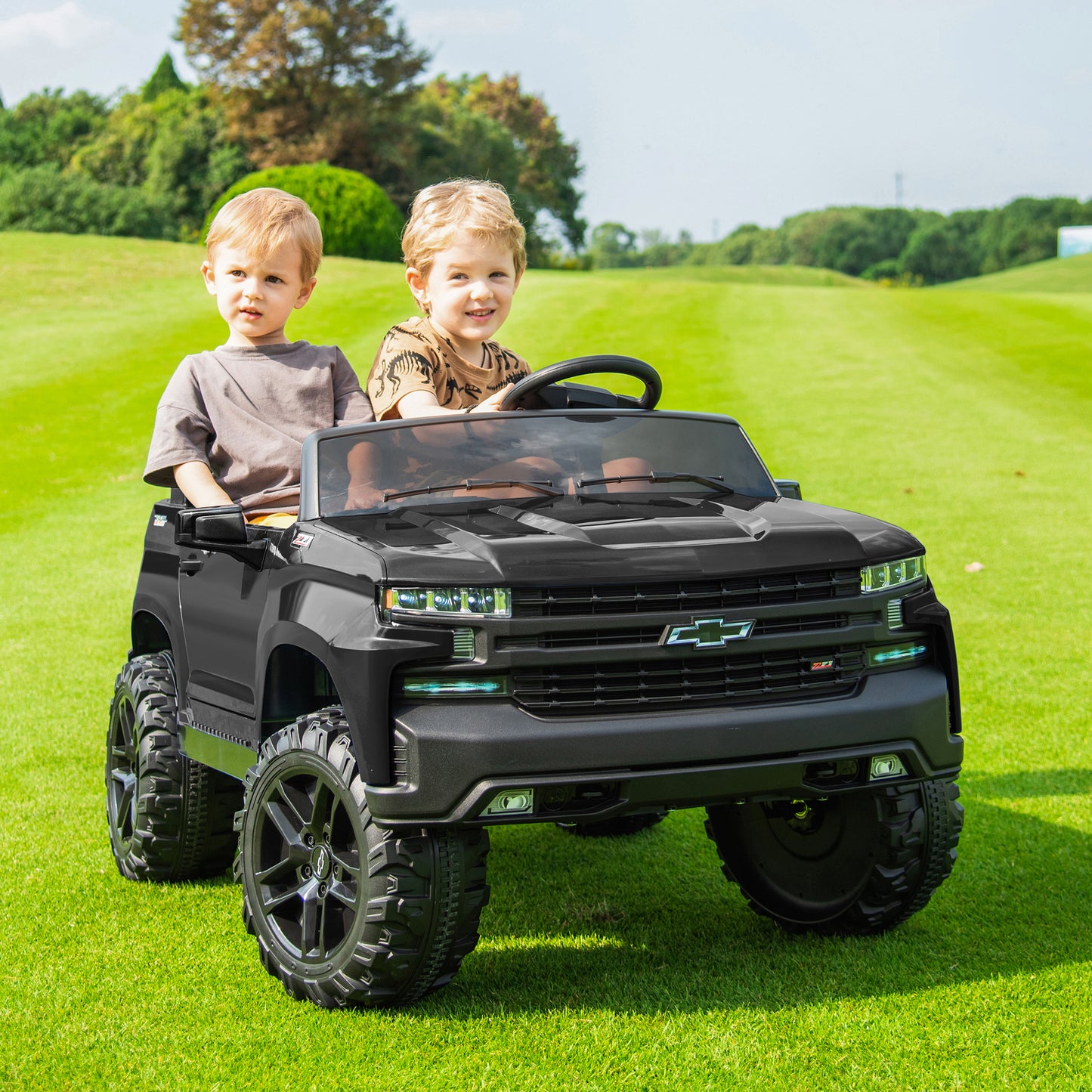 2 Seater 24V Ride on Cars with Remote Control, Licensed Chevrolet Silverado Kids Ride on Truck for Boys Girls Birthday Christmas Gifts, Battery Powered Kids Electric Cars with LED Lights, Music, Black