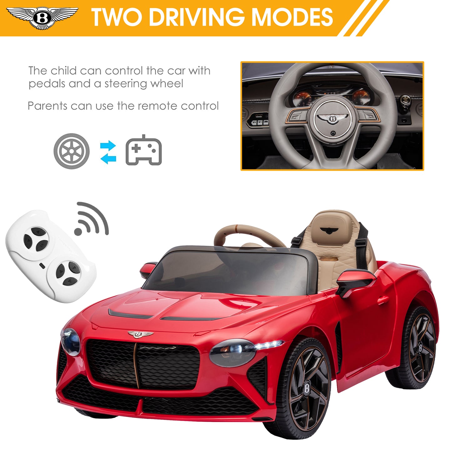 12V Ride On Car with Remote Control, Licensed Bentley Mulsanne Kids Electric Car with Bluetooth, Music, USB, MP3, LED Light, Battery Powered Electric Ride On Vehicle for Boy Girl Birthday Gift, Red