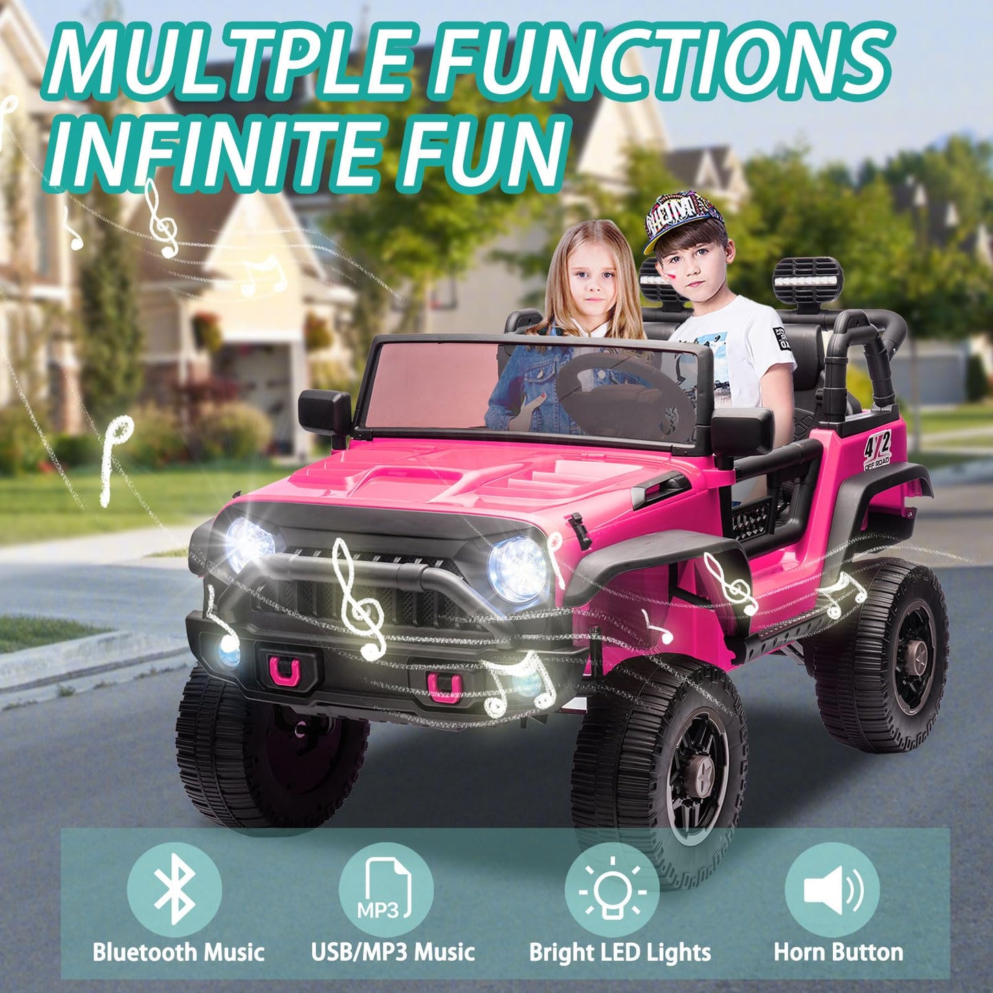 iRerts 24V 2 Seater Ride on Car, Powered Ride on Toys for Bid Kids Boys Girls Gifts, Kids Car Electric Vehicle with Remote Control, Music, Bluetooth, LED Light, USB/MP3 Port, 4 Wheel Suspension, Pink