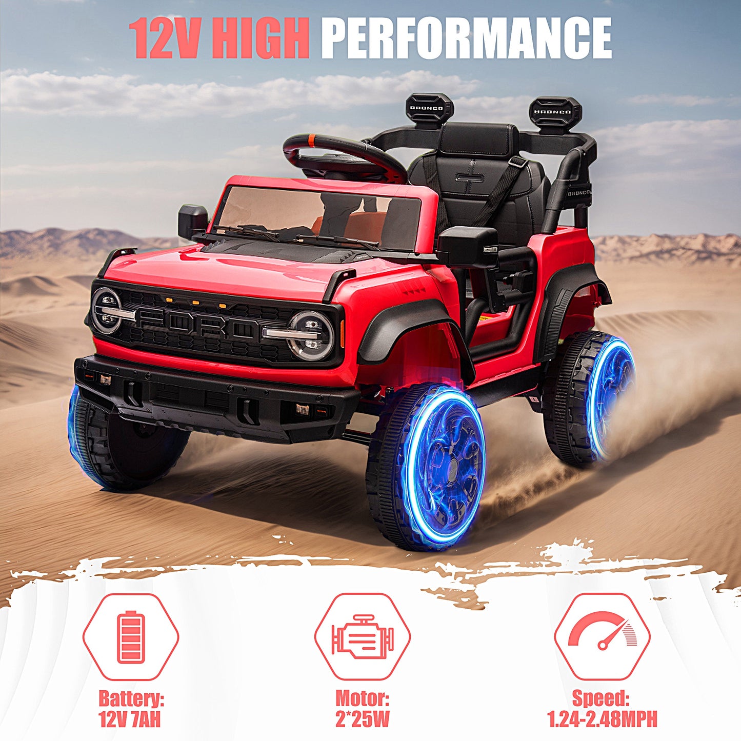 iRerts 12V Ride on Cars, Licensed Ford Bronco Raptor Toddlers Ride on Toys with Parental Remote Control, Bluetooth, FM Radio, LED Lights, Electric Car for Kids Boys Girls Ages 3-6,Red