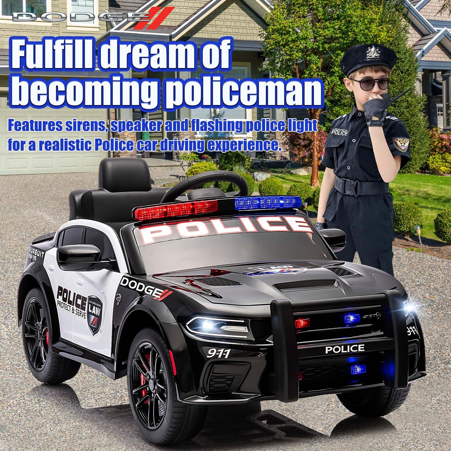 Dodge Charger 12V Ride on Police Cars, Battery Powered Ride on Toy Car with Remote Control for Boys Girls Gifts, Electric Car for Kids with Bluetooth, Music Player, LED Lights, 3 Speeds, Black
