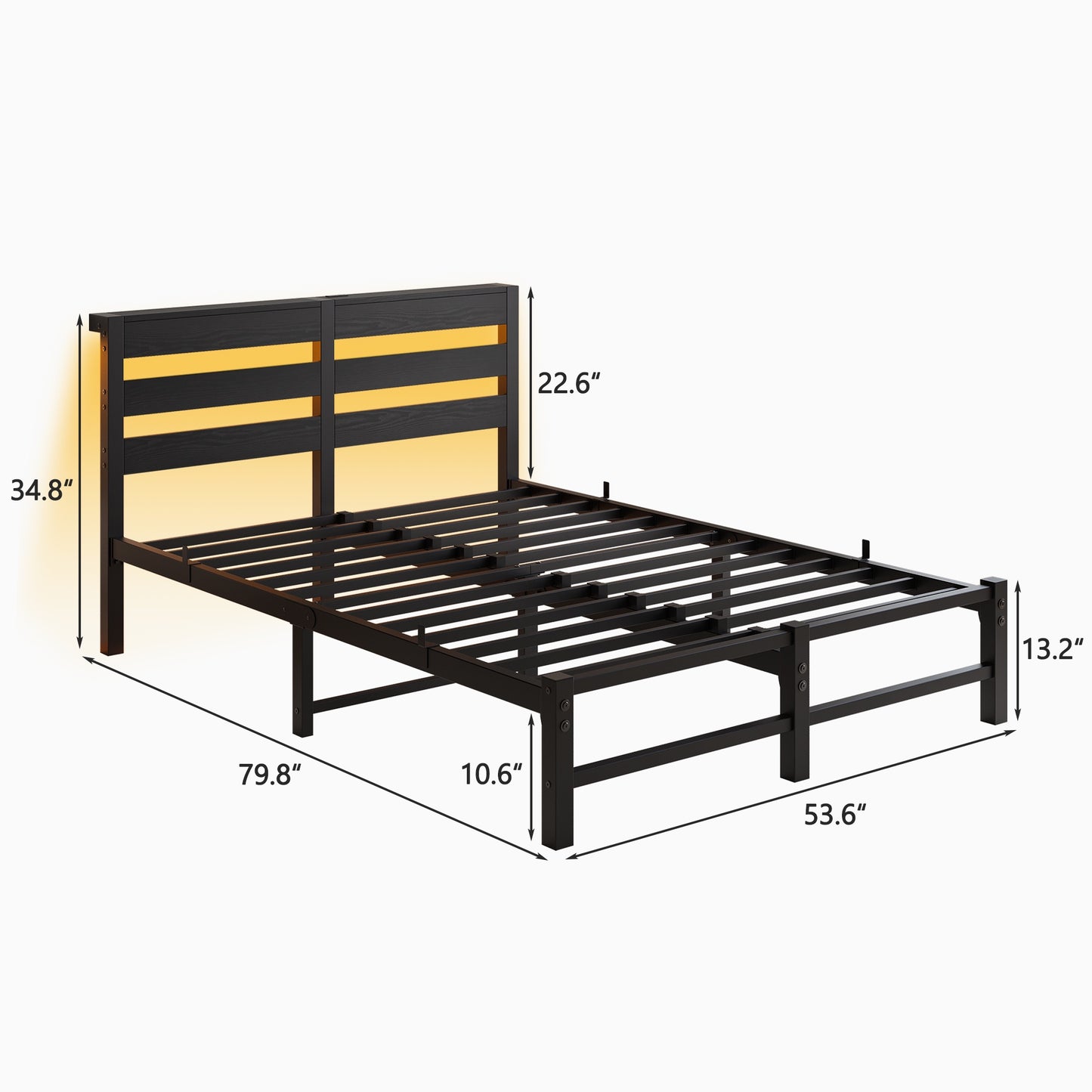 iRerts Full Bed Frame with Headboard, Metal Platform Bed Frame Full Size with USB Charging Station, LED Lights, Steel Slats, LED Bed Frame No Box Spring Needed for Bedroom Furniture, Black