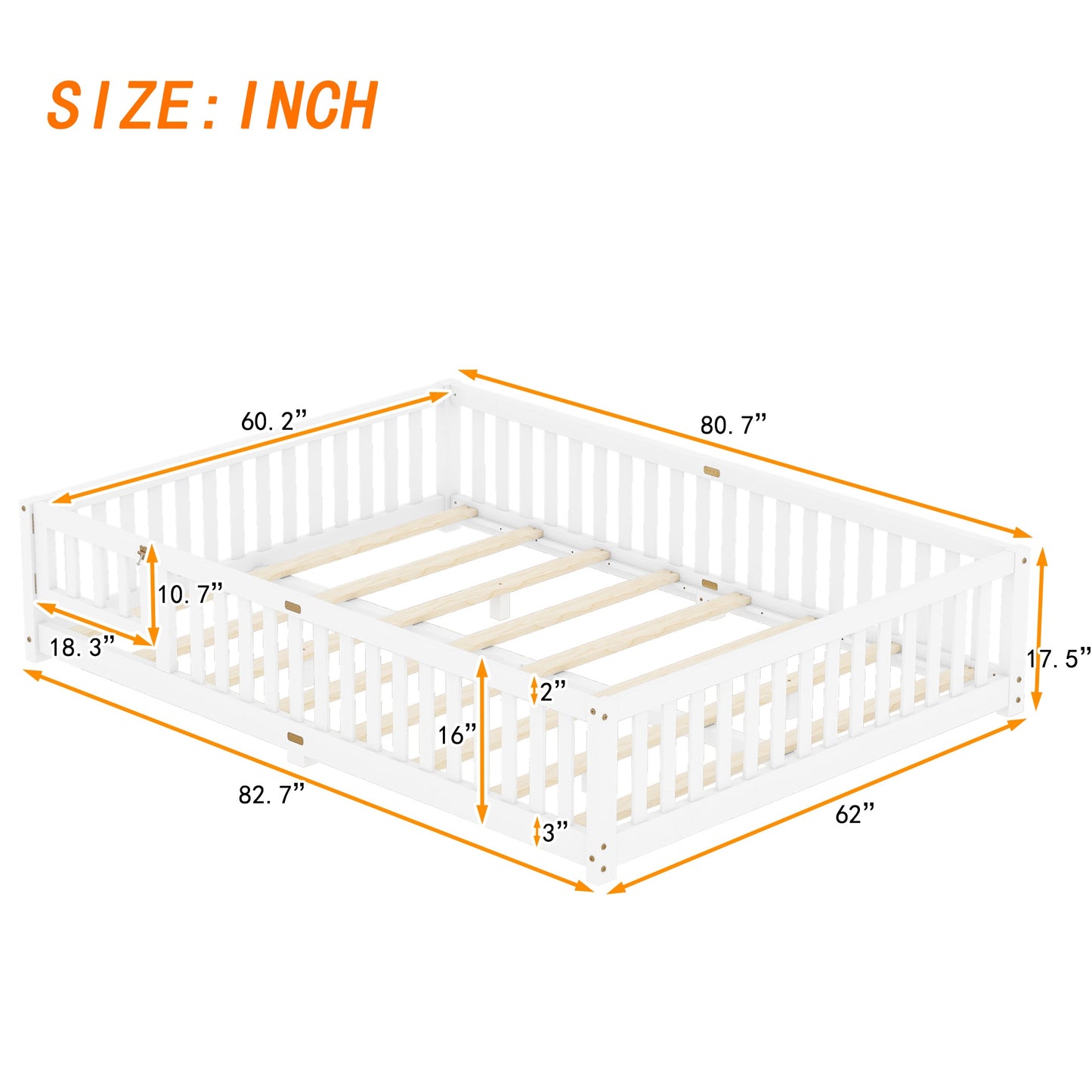 iRerts Queen Floor Bed Frame for Toddlers Kids, Wood Queen Montessori Bed Frame with Slats, Fence, Door, Kids Montessori Bed Queen Size, Queen Toddler Bed Frame for Boys Girls, White