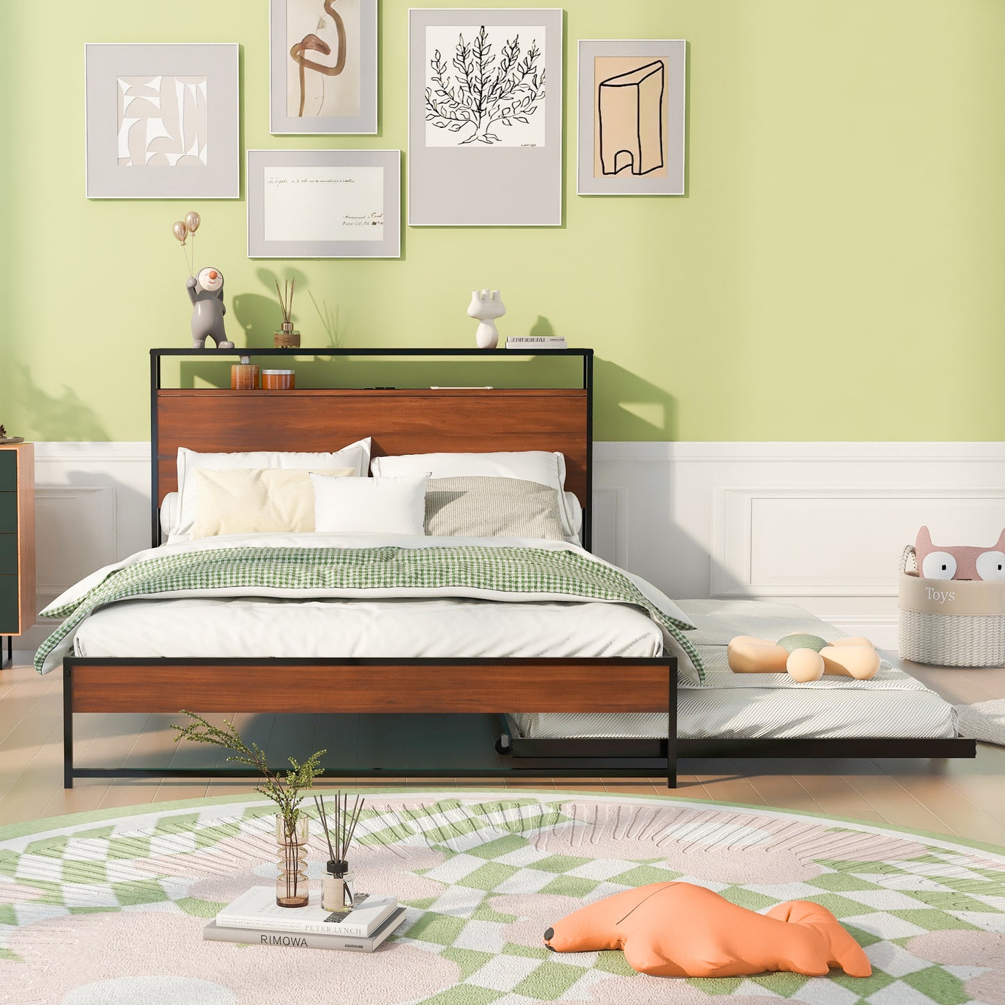 Full Size Metal Platform Bed Frame with Twin Size Trundle, Full Size Bed Frame with Storage Headboard, Outlet/USB Ports, Steel Slat Support, Full Bed Frame No Box Spring Needed for Bedroom, Black