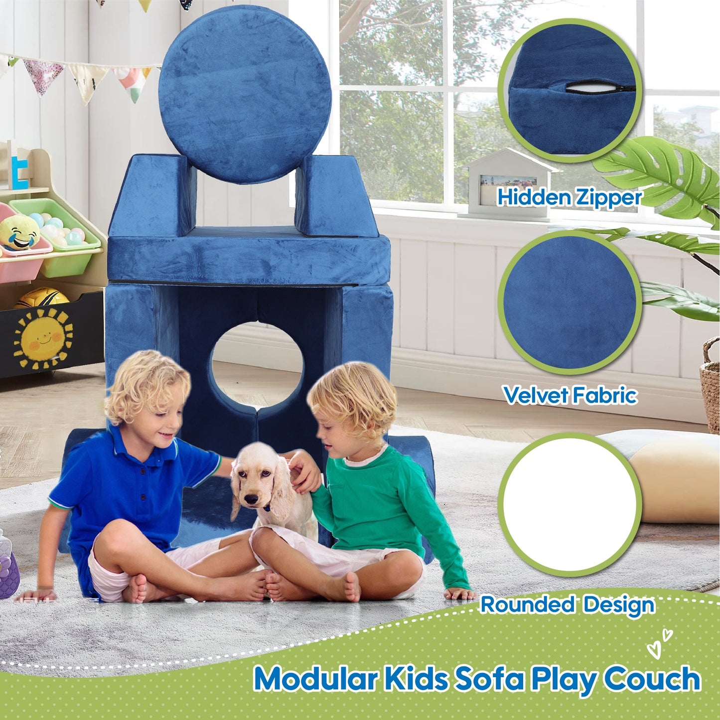 iRerts 14Pcs Modular Kids Play Couch, Convertible Nugget Couch for Kids Boys Girls, Kids Sofa Couch Floor Sofa for Children, Kids Couch Building Fort Foam Couch for Playroom Bedroom Nursery, Blue