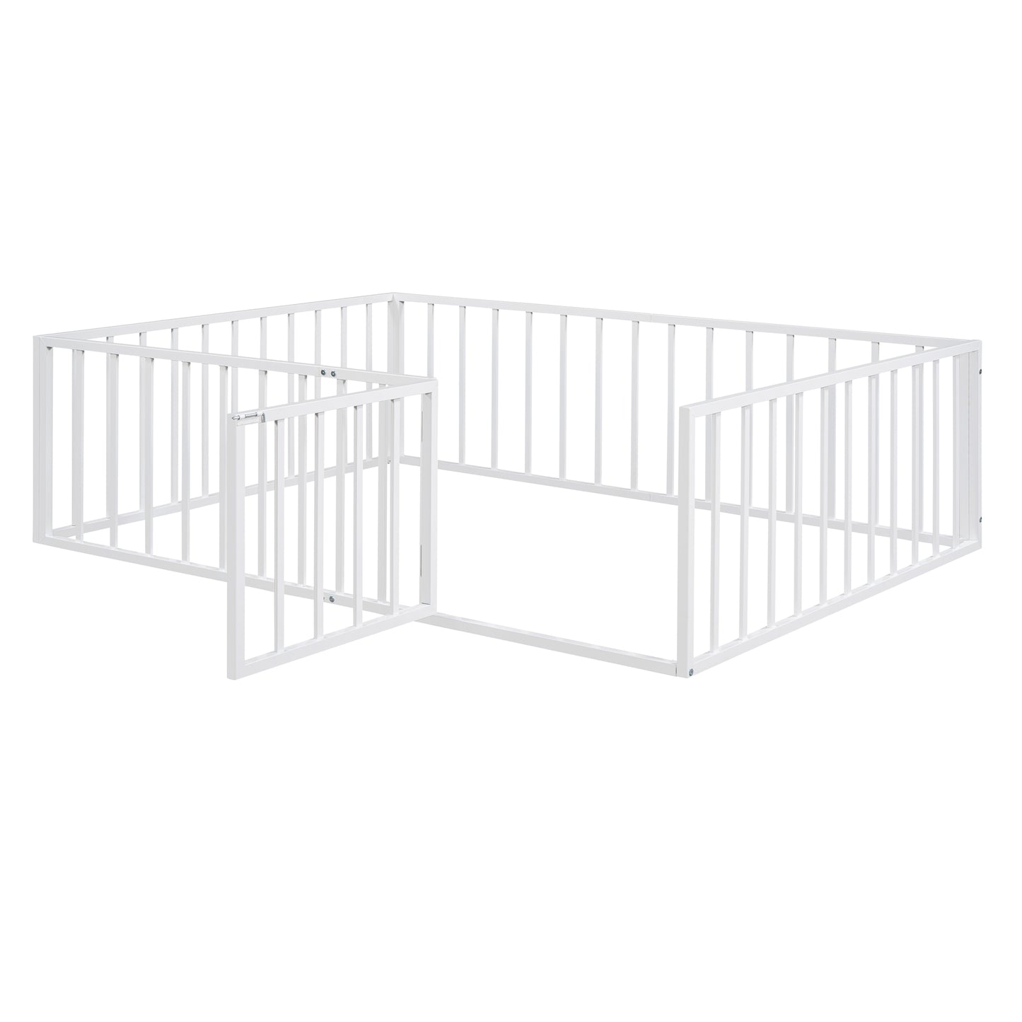 iRerts Full Floor Bed Frame, Metal Full Size Montessori Floor Bed Frame with Fence and Door, Kids Toddler Floor Bed Frame Full Size for Girls Boys, Twin Bed Frame without Bed Slats, White