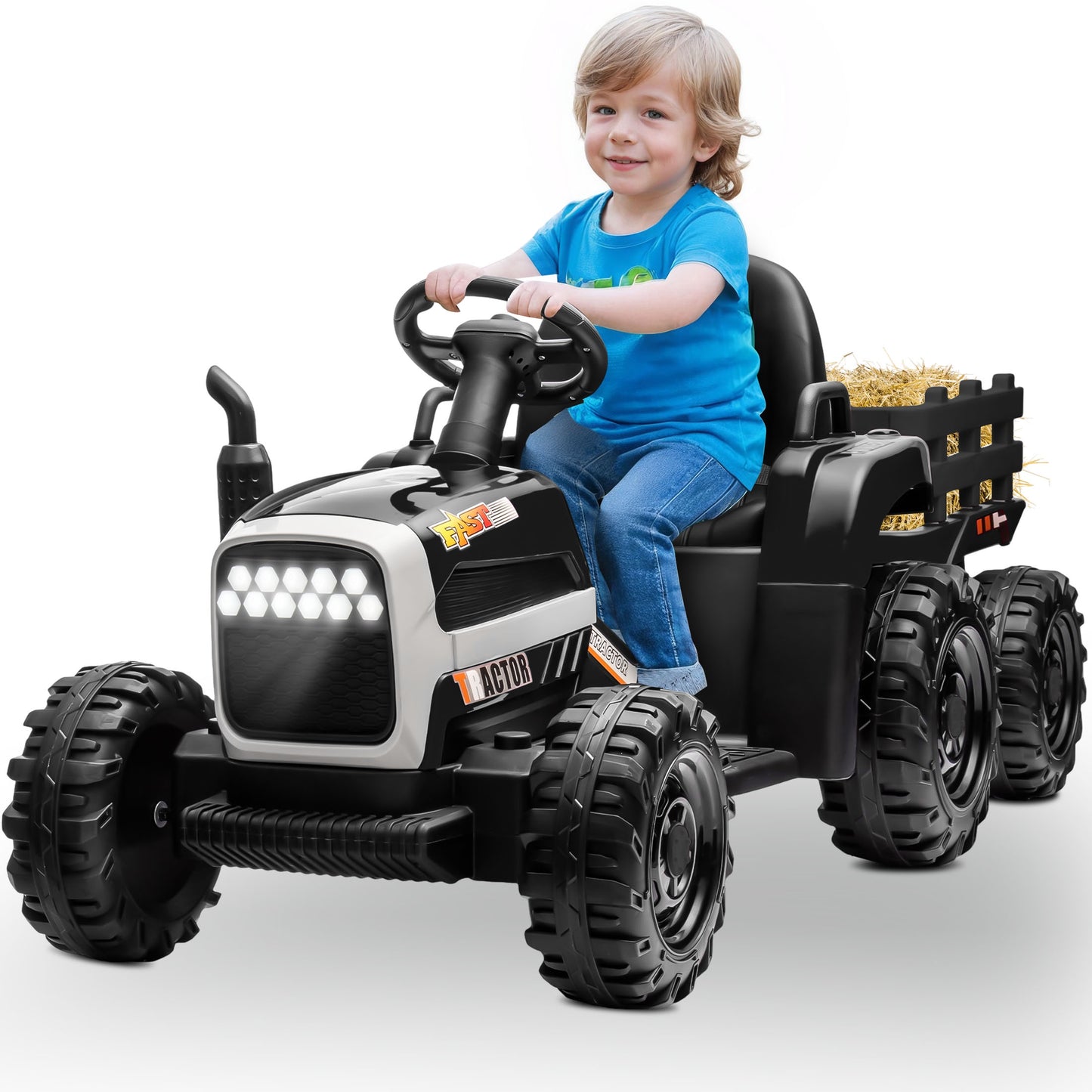Powered Ride on Toy Tractor, 24V Kids Ride on Car with Remote Control, Electric Vehicles for Kids Toddlers 3-6 Years with 3 Speeds, Bluetooth, Music Player, LED Light, Rear Wheel Suspension, Black