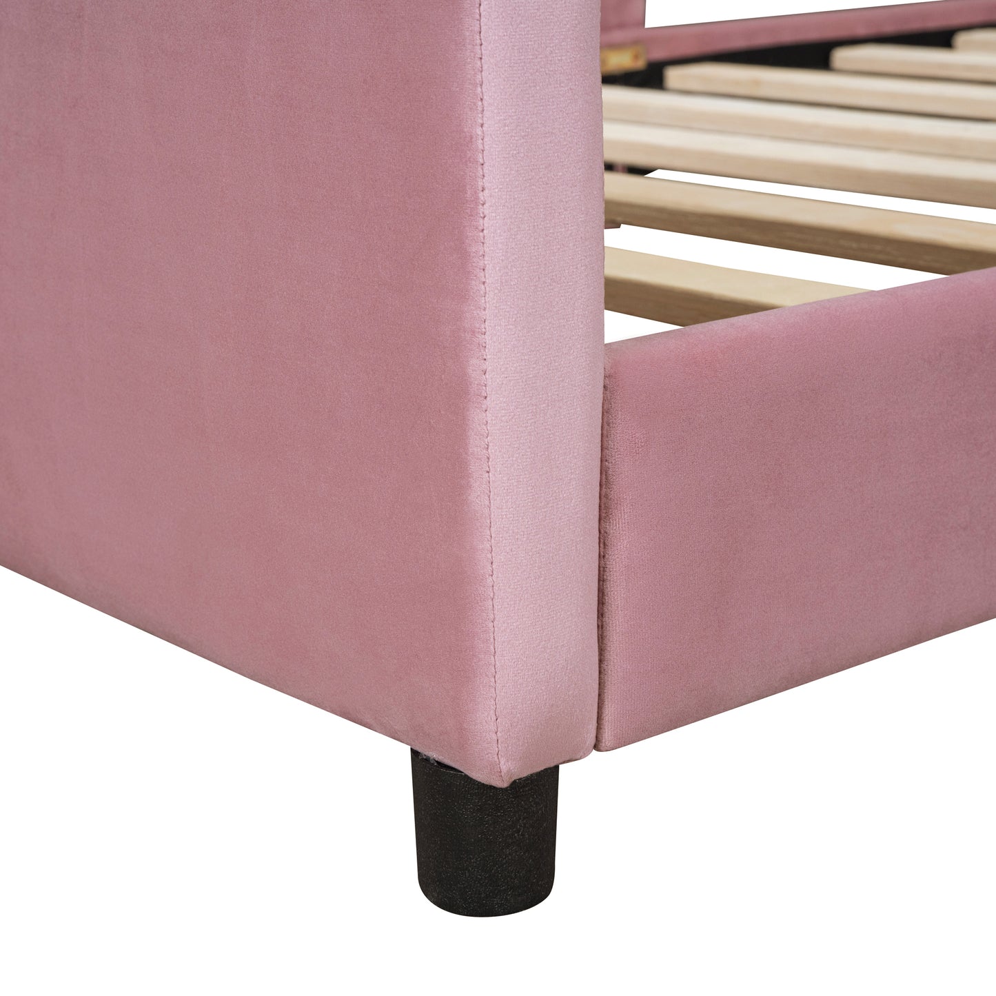 iRerts Upholstered Twin Daybed Frame for Kids, Velvet Twin Platform Bed Frame with Rabbit Ear Shaped Headboard and Footboard, Wood Twin Size Sofa Bed for Girls Boys, Pink