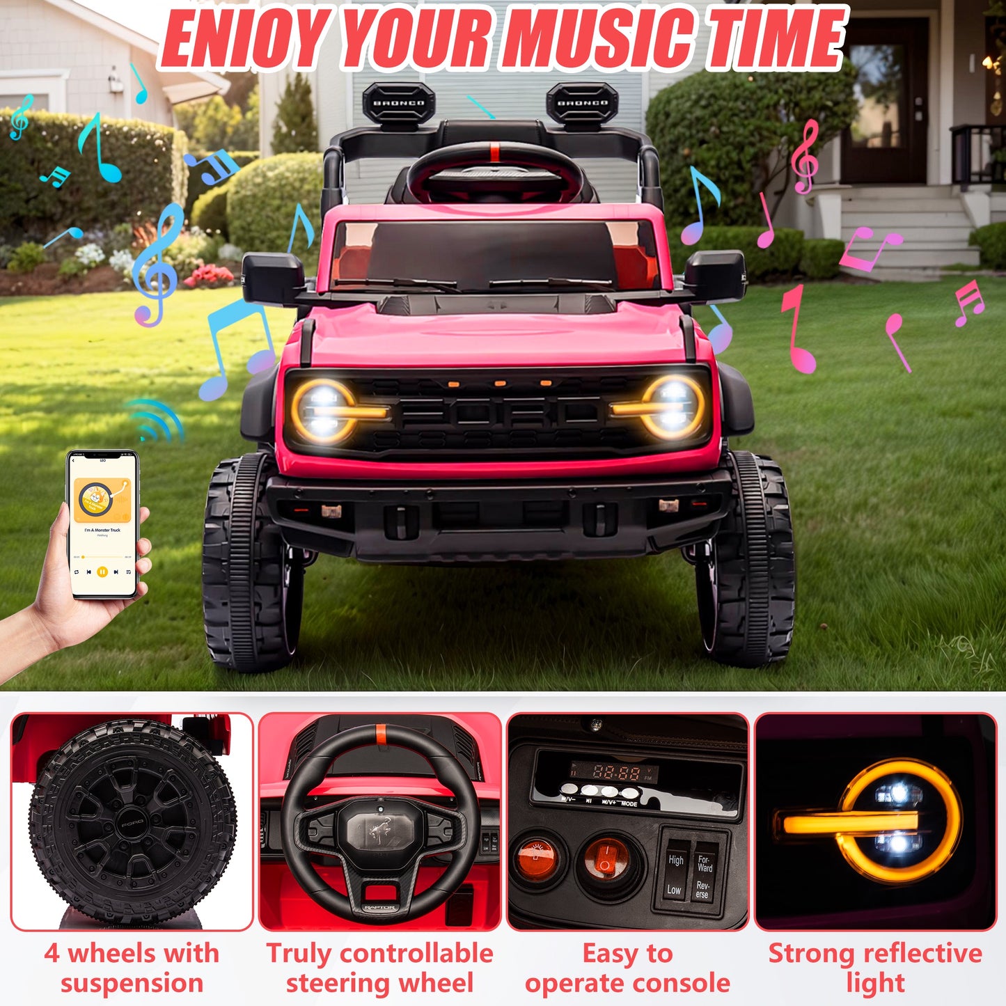 12V Powered Ride on Car, Ford Bronco Raptor Ride on Toys with Remote Control, Battery Powered Ride on Trucks with Bluetooth Music, LED Light, Kids Car Electric Vehicle for Boys Girls Gifts, Red