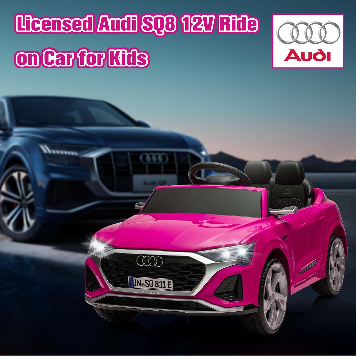 Ride on Toy Car Kids for Boys Girls, Licensed Audi SQ8 12V Ride on Cars with Remote Control, Battery Powered Electric Vehicle Car for Kids with Music, LED Lights, 3 Speed, 4 Wheeler, Pink