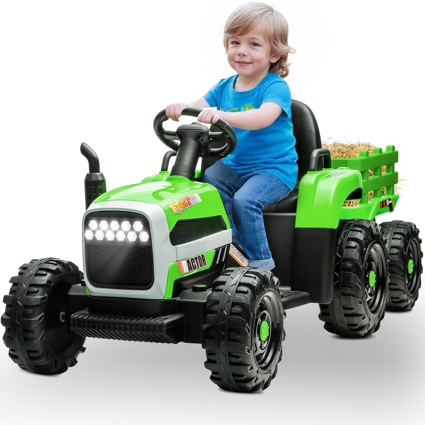 Powered Ride on Toy Tractor, 24V Kids Ride on Car with Remote Control, Electric Vehicles for Kids Toddlers 3-6 Years with 3 Speeds, Bluetooth, Music Player, LED Light, Rear Wheel Suspension, Green