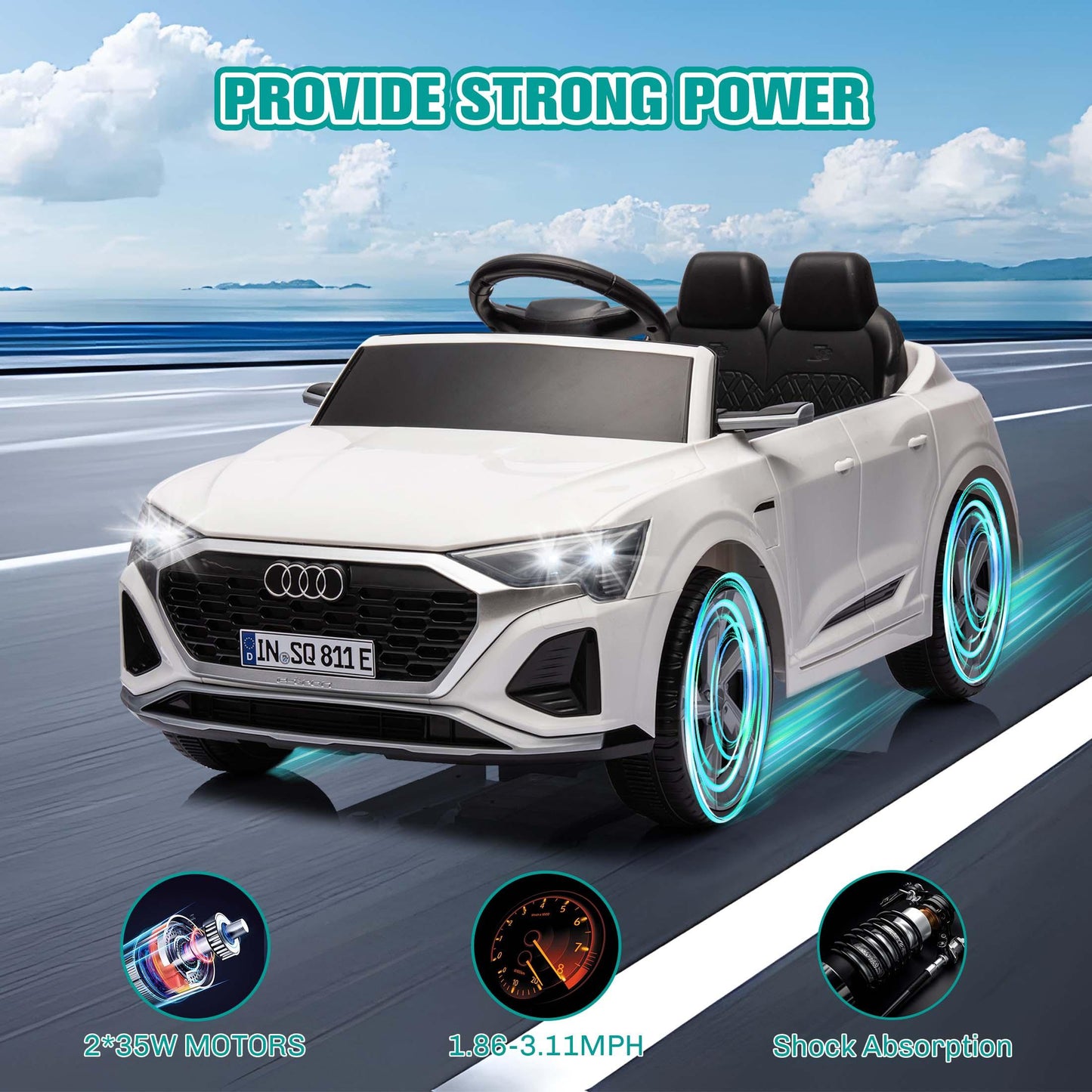 Ride on Toy Car Kids for Boys Girls, Licensed Audi SQ8 12V Ride on Cars with Remote Control, Battery Powered Electric Vehicle Car for Kids with Music, LED Lights, 3 Speed, 4 Wheeler, White