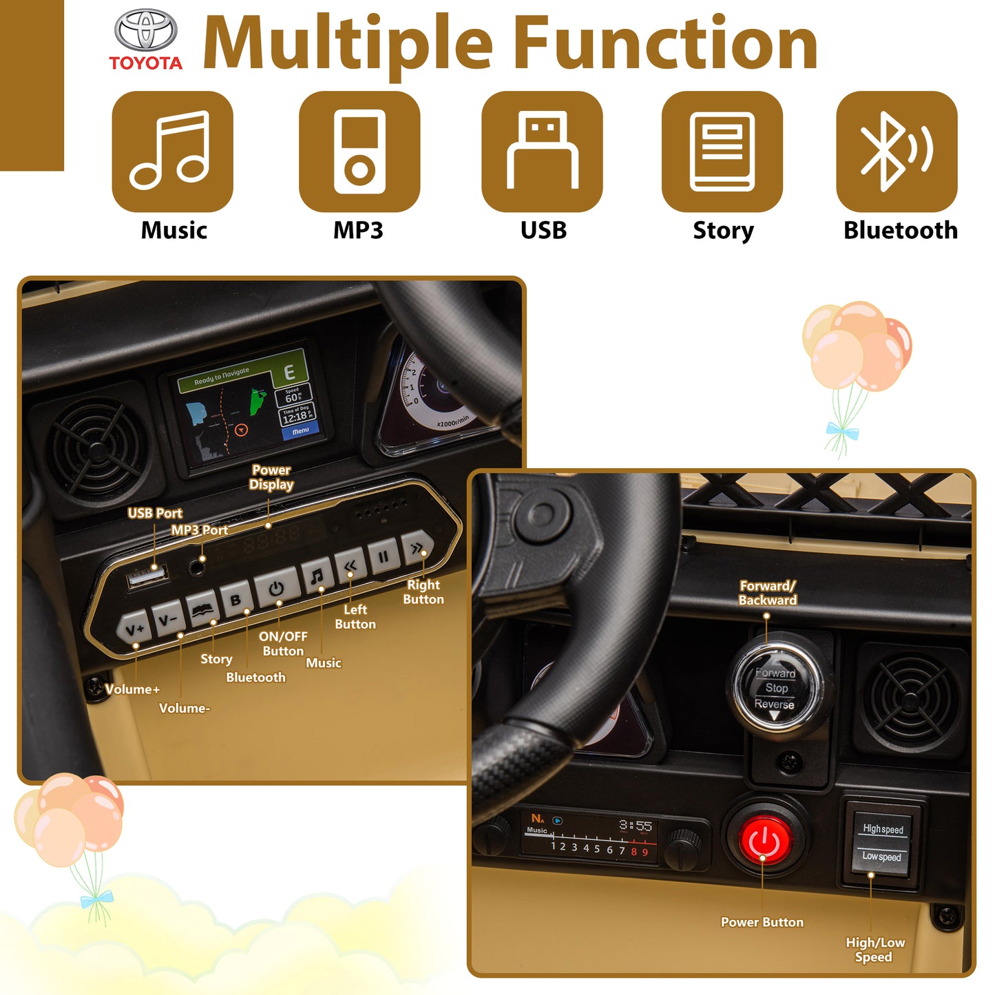 12V Ride on Cars with Remote Control, Licensed Toyota FJ Cruiser Ride on Trucks Vehicle with Bluetooth, Music, MP3/USB Port, Battery Powered Ride on Toys for Kids Boys Girls Birthday Gift, Yellow