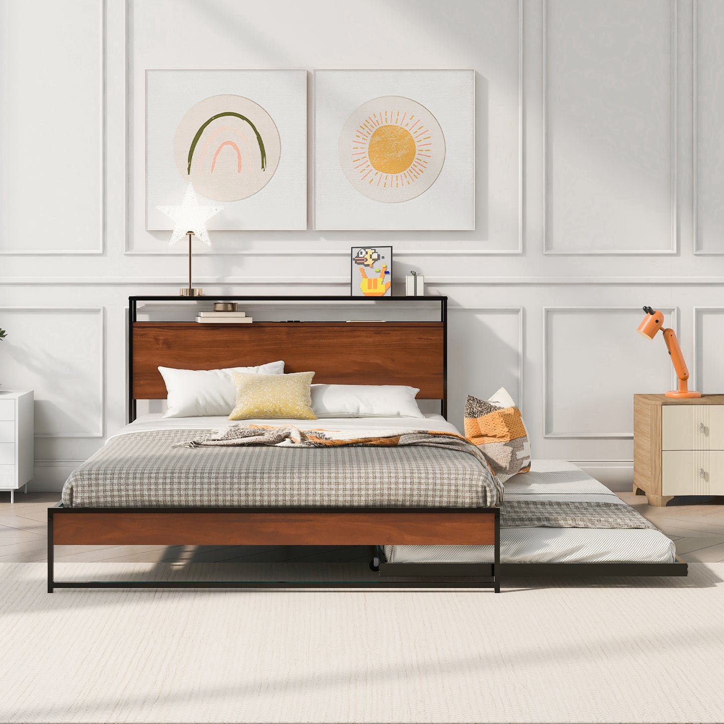 Queen Size Metal Platform Bed Frame with Twin Size Trundle, Queen Size Bed Frame with Storage Headboard, Outlet/USB Ports, Steel Slat Support, Queen Bed Frame No Box Spring Needed for Bedroom, Black