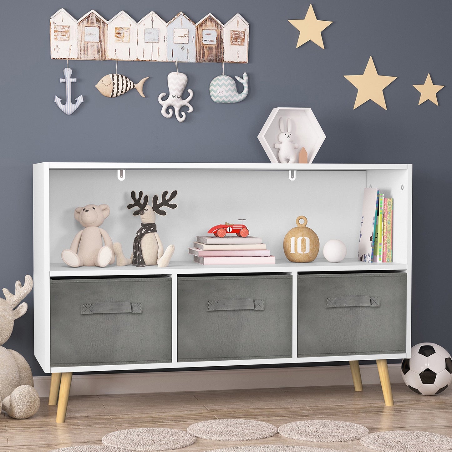 iRerts Kids Bookcase with Toy Storage Cabinet Toddler Bookshelf Wooden Book Shelf Organizer for Kids, Cubes Bookshelf for Boys and Girls