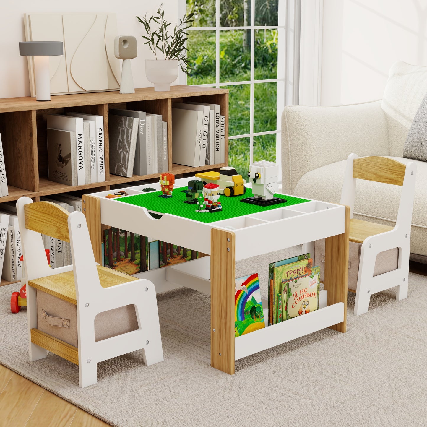 2 in 1 Kids Table Set, Kids Play Activity Table with Building Bricks, Whiteboard, Toy Organizer Compatible, Wood Building Block Desk for Drawing Reading Arts Crafts, White