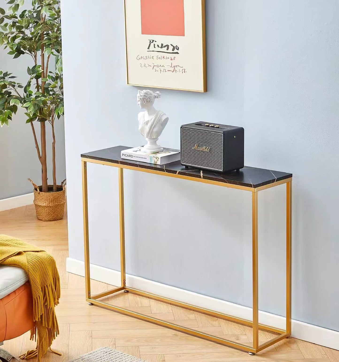 iRerts Console Table Narrow Sofa Table with Metal Frame, Gold Entryway Table with MDF Tabletop, Industrial Skinny Hallway Table Sofa Tables Narrow Long for Hallway Living Room Home Office Entrance