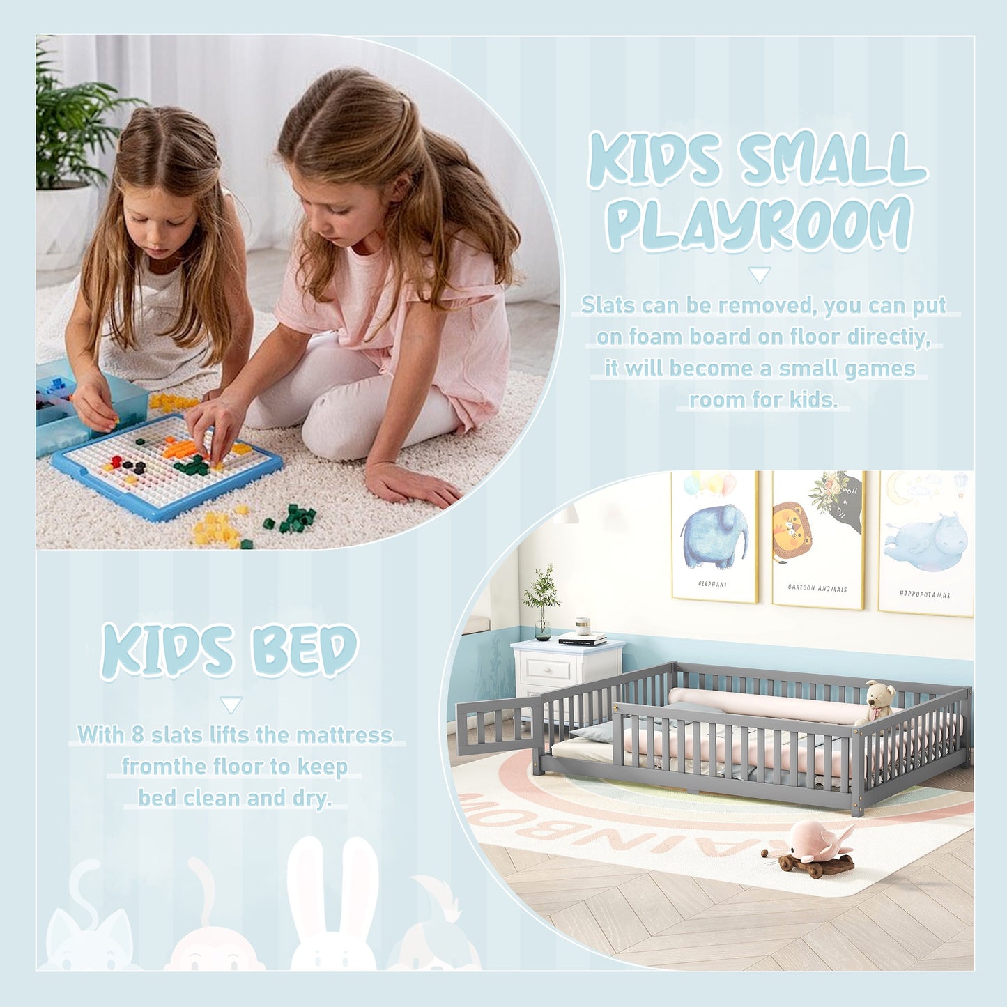 iRerts Full Floor Bed Frame for Toddlers Kids, Wood Full Montessori Bed Frame with Slats, Fence, Door, Kids Montessori Bed Full Size, Full Toddler Bed Frame for Boys Girls, Gray