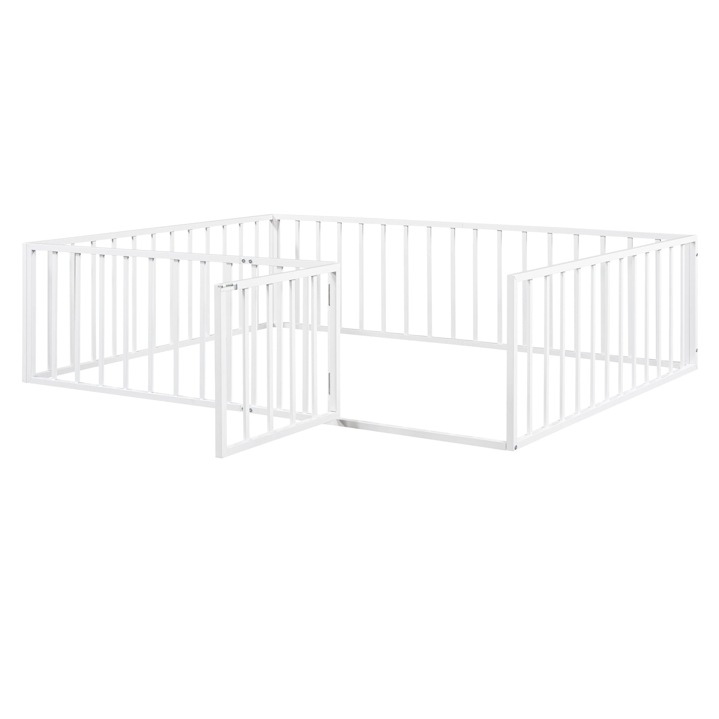 iRerts Queen Floor Bed Frame, Metal Queen Size Montessori Floor Bed Frame with Fence and Door, Kids Toddler Floor Bed Frame Queen Size for Girls Boys, Twin Bed Frame without Bed Slats, White