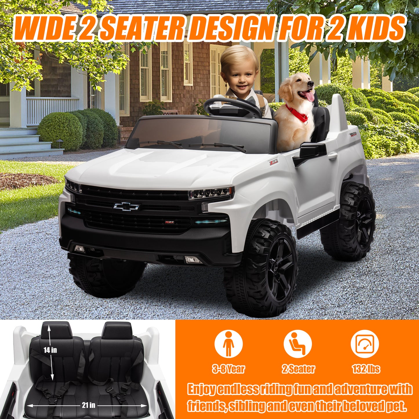 Chevrolet Silverado 24V Ride on Cars with Remote Control, 2 Seater 4 Wheels Kids Electric Cars with Bluetooth, LED Lights, Battery Powered Ride on Truck Toys for Boys Girls Christmas Gifts, White