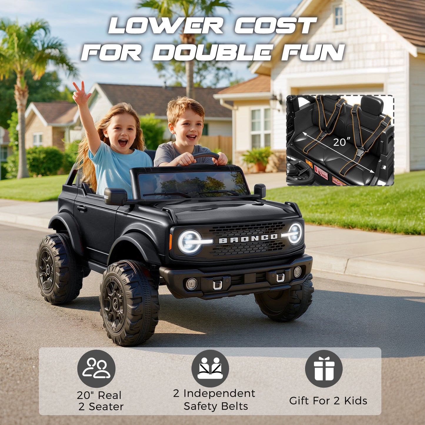 iRerts 2 Seater Ride on Cars, Licensed Ford Bronco Base 24V Ride on Toys for Big Kids Ages 3-8, Powered Kids Car Electric Vehicle with Remote Control, Bluetooth, LED Lights, 4 Wheel Suspension, Black