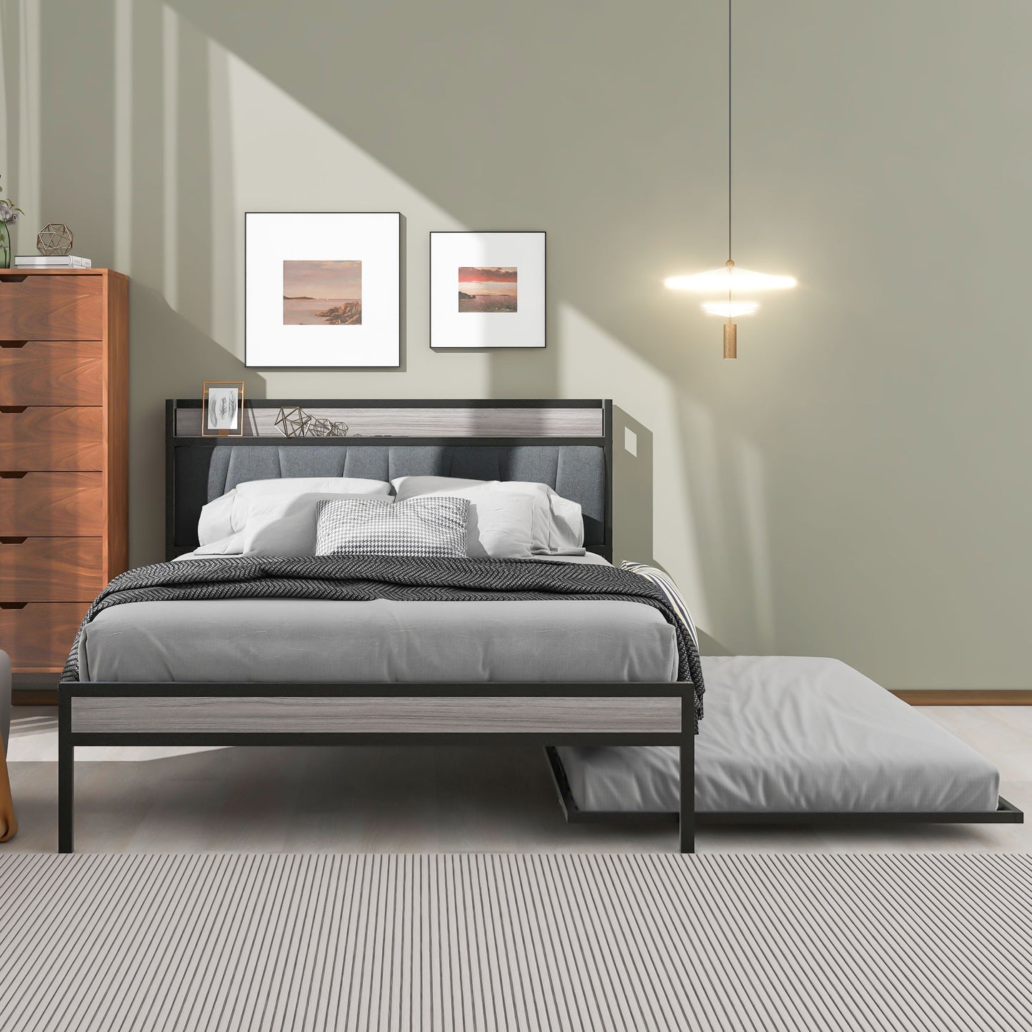 Full Size Metal Platform Bed Frame with Twin Size Trundle, Full Size Bed Frame with Upholstered Headboard, USB Ports, Steel Slat Support, Full Bed Frame No Box Spring Needed for Bedroom, Black