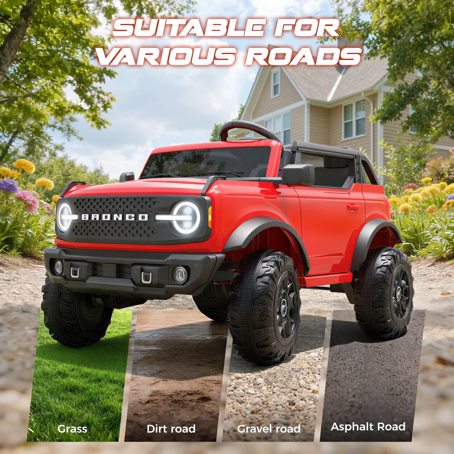 iRerts 2 Seater Ride on Cars, Licensed Ford Bronco Base 24V Ride on Toys for Big Kids Ages 3-8, Powered Kids Car Electric Vehicle with Remote Control, Bluetooth, LED Lights, 4 Wheel Suspension, Red