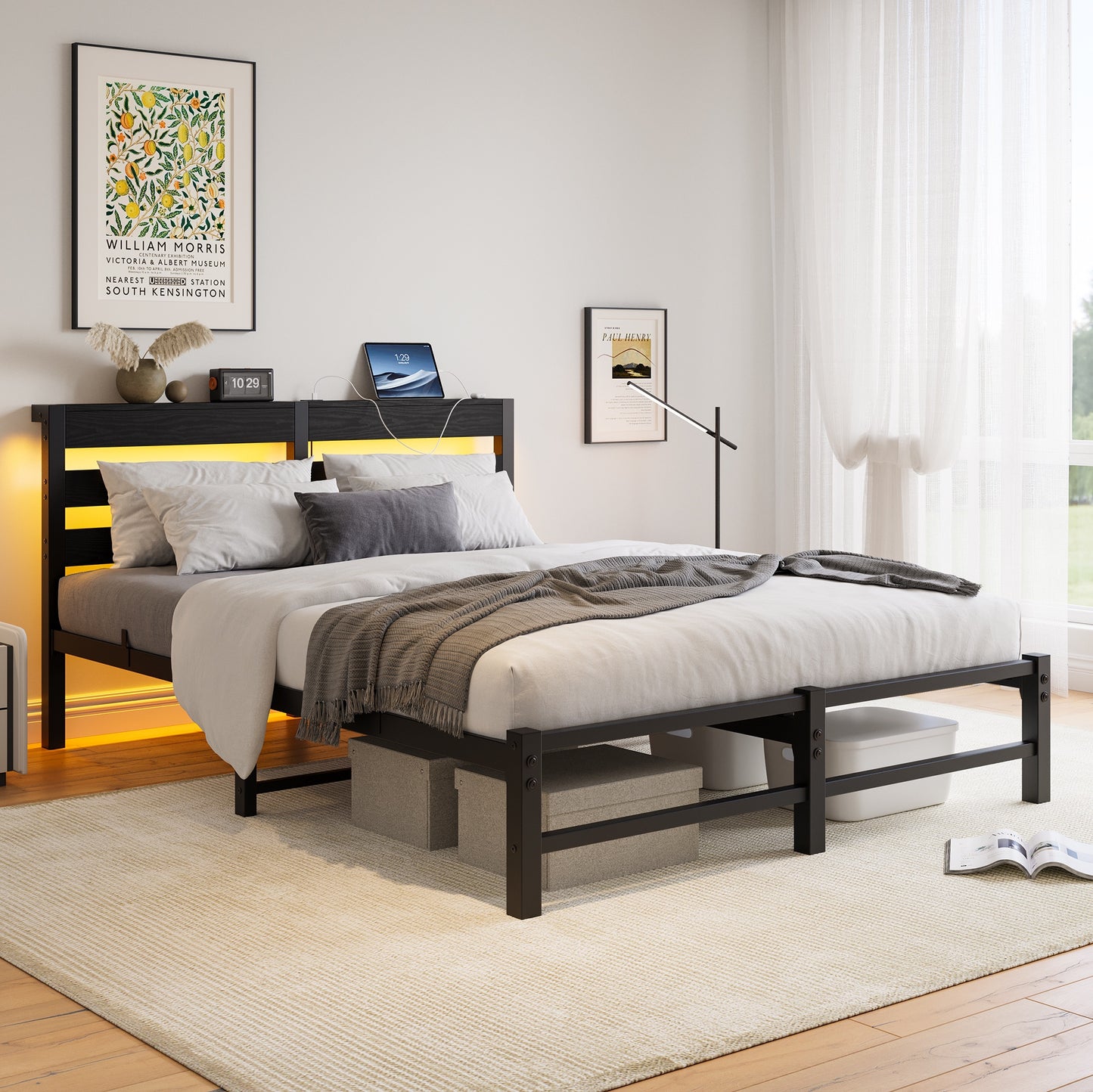 iRerts Queen Bed Frame with Headboard, Metal Platform Bed Frame Queen Size with USB Charging Station, LED Lights, Steel Slats, LED Bed Frame No Box Spring Needed for Bedroom Furniture, Black