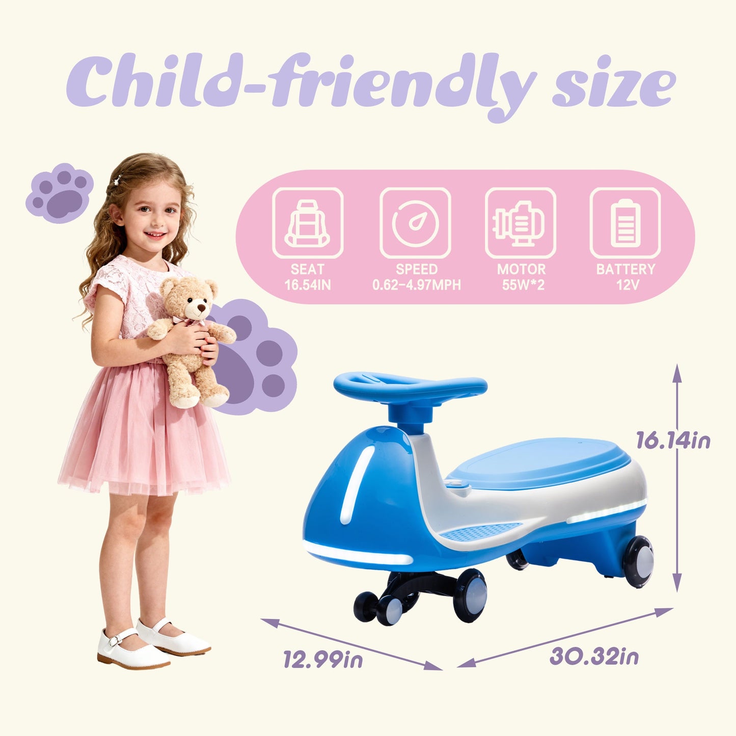 12V Electric Wiggle Car, Powered Ride on Toys for Kids with Flashing PU Wheels, Bluetooth Music, 2-in-1 Swing Car Kids Electric Vehicles for Boys Girls Ages 3+, Blue