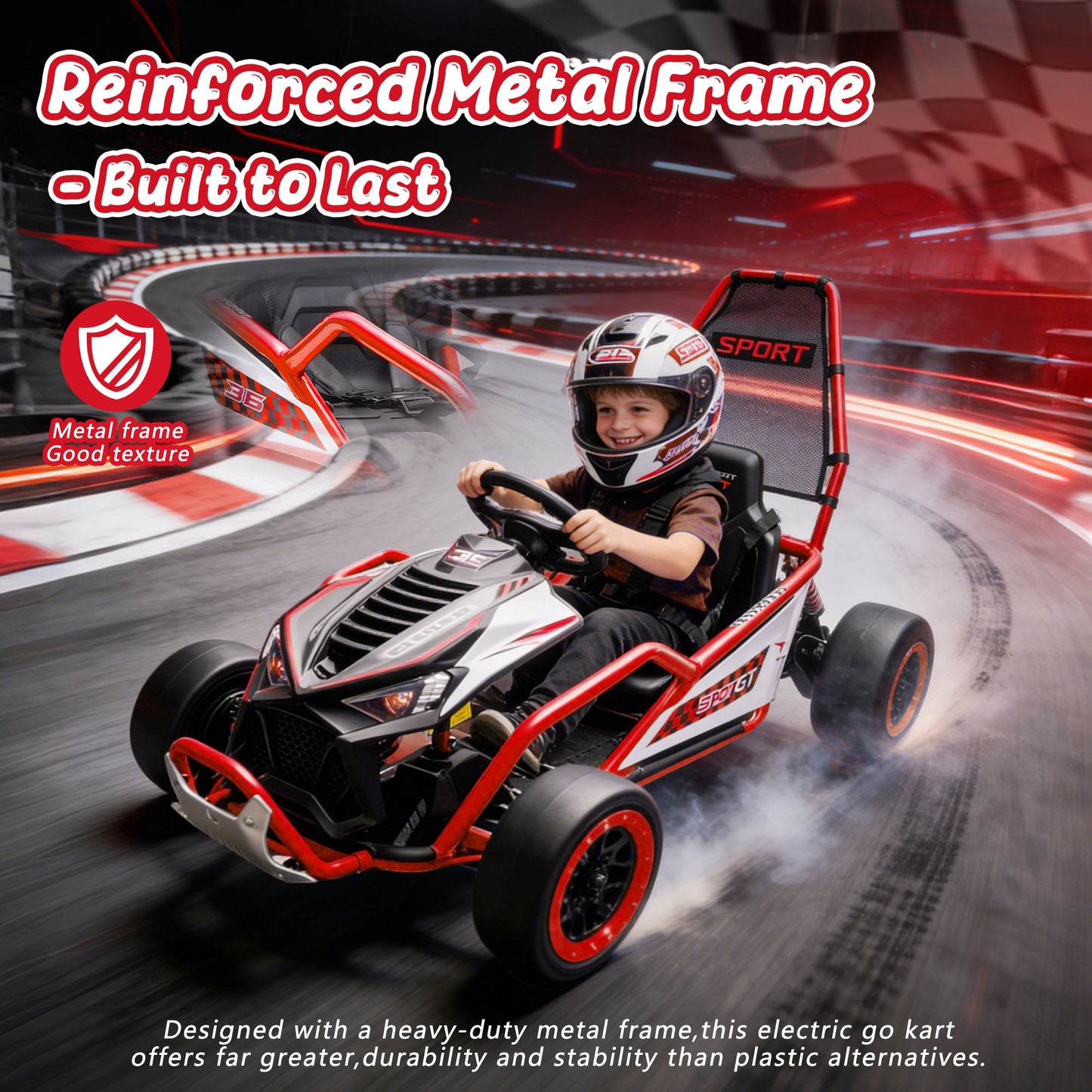 24V Powered Ride on Toys, iRerts Electric Go Kart with Drift Mode, Bluetooth Music, EVA Front Tires, Rear Wheel Suspension, Max Speed 7.5 MPH, Crazy Go Cart Electric Car for Kids 6-12 Ages, Red