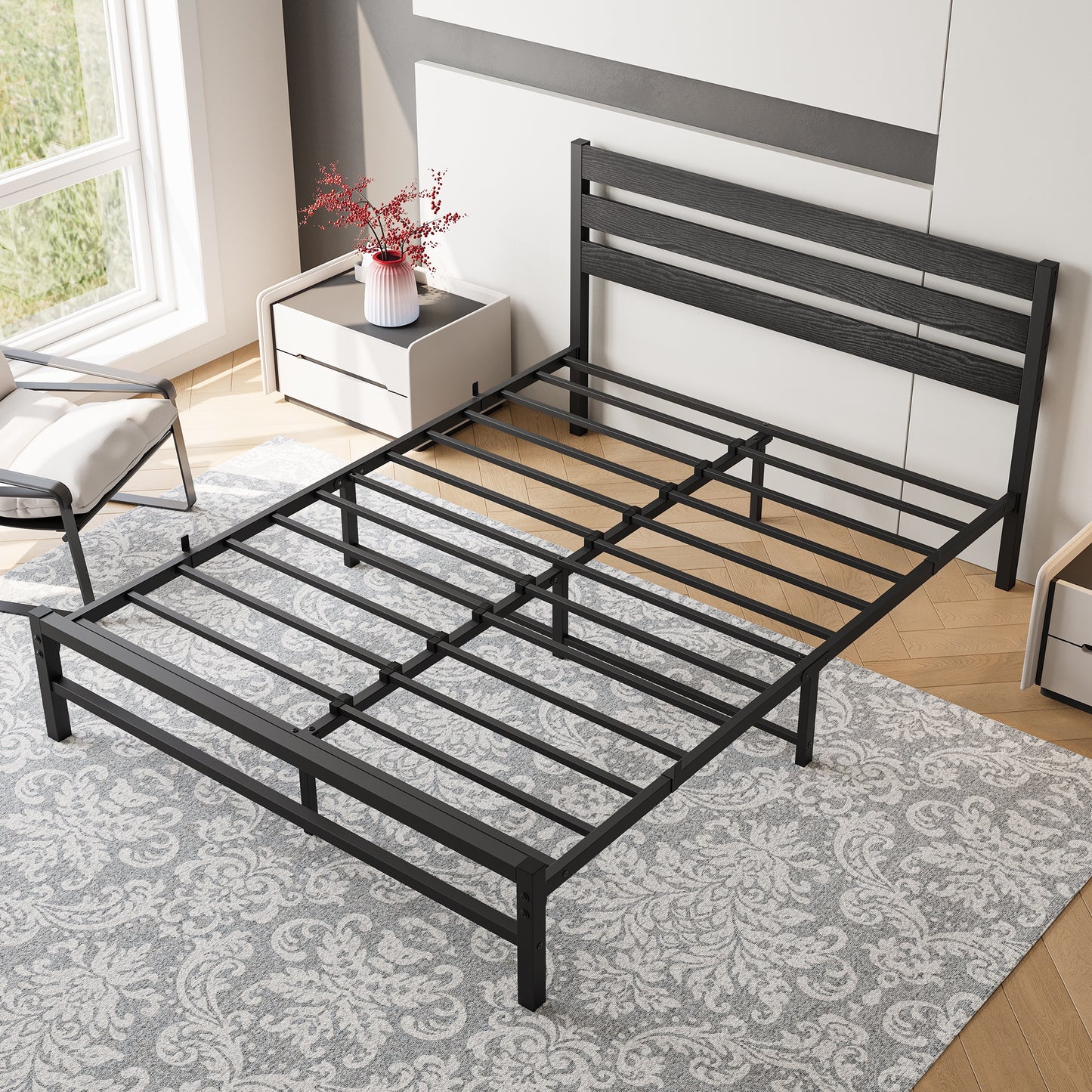 iRerts Queen Bed Frame with Headboard, Metal Platform Bed Frame No Box Spring Needed, Bed Frame Queen Size with Metal Support,  Noise-Free, Under Bed Storage, Easy Assembly, Black