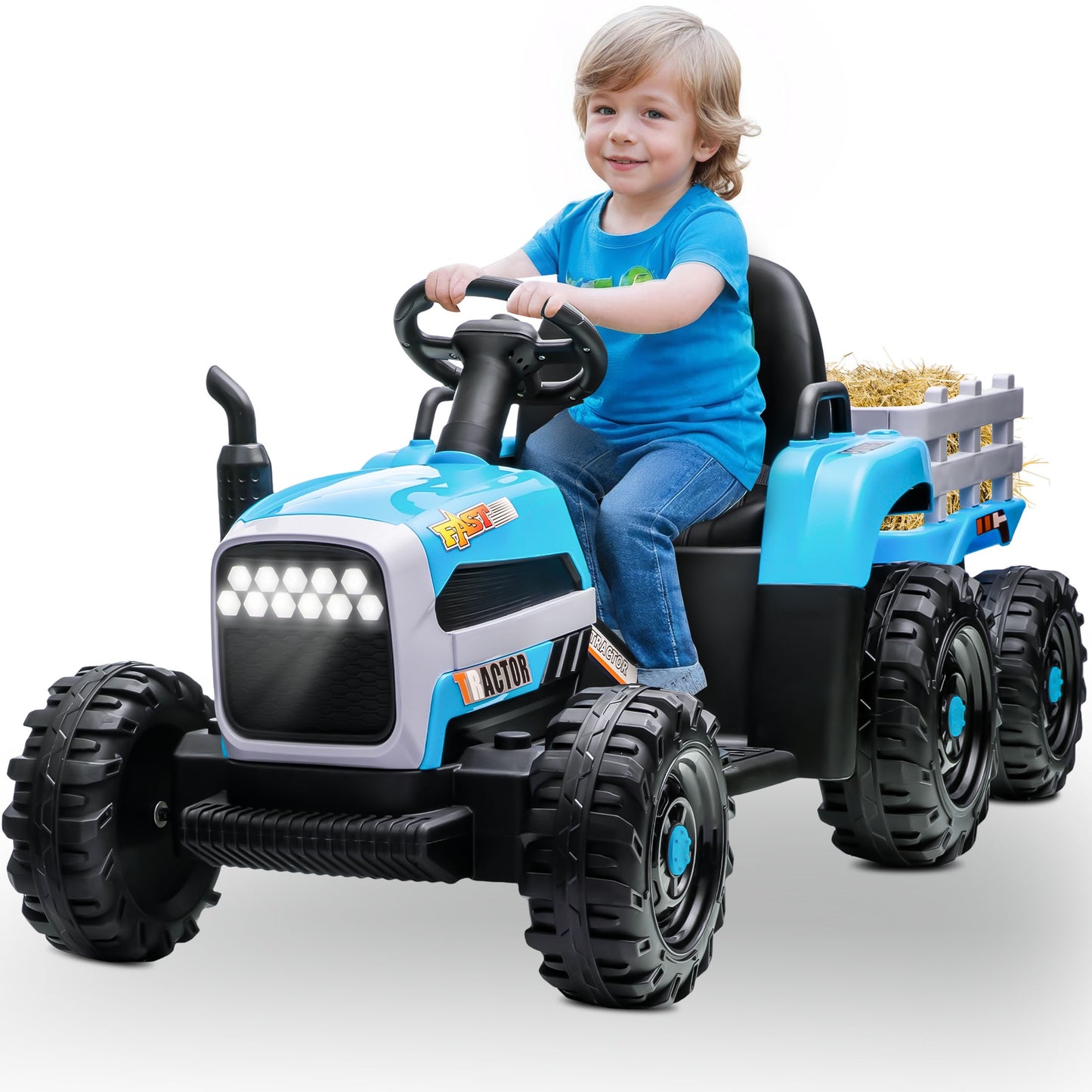 Powered Ride on Toy Tractor, 24V Kids Ride on Car with Remote Control, Electric Vehicles for Kids Toddlers 3-6 Years with 3 Speeds, Bluetooth, Music Player, LED Light, Rear Wheel Suspension, Blue