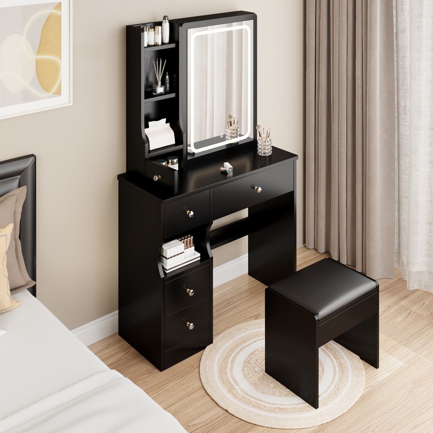 iRerts Vanity Desk with Chair, Makeup Vanity Set with LED Mirror, 3 Lighting Modes Brightness Adjustable, Shelf and Drawers, Makeup Vanity Desk Dressing Table Set for Bedroom Small Space, Black