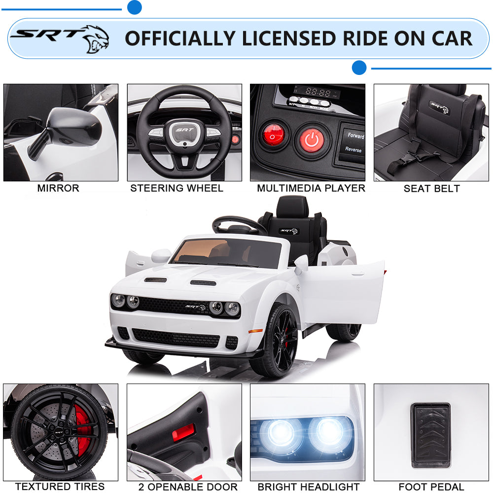 Kids Electric Car, Licensed Dodge Challenger 12V Ride On Cars with Remote Control, Kids Ride on Toys with Bluetooth, LED Light, USB, MP3, Kids Electric Vehicles for Boys Girls Birthday Gifts, White