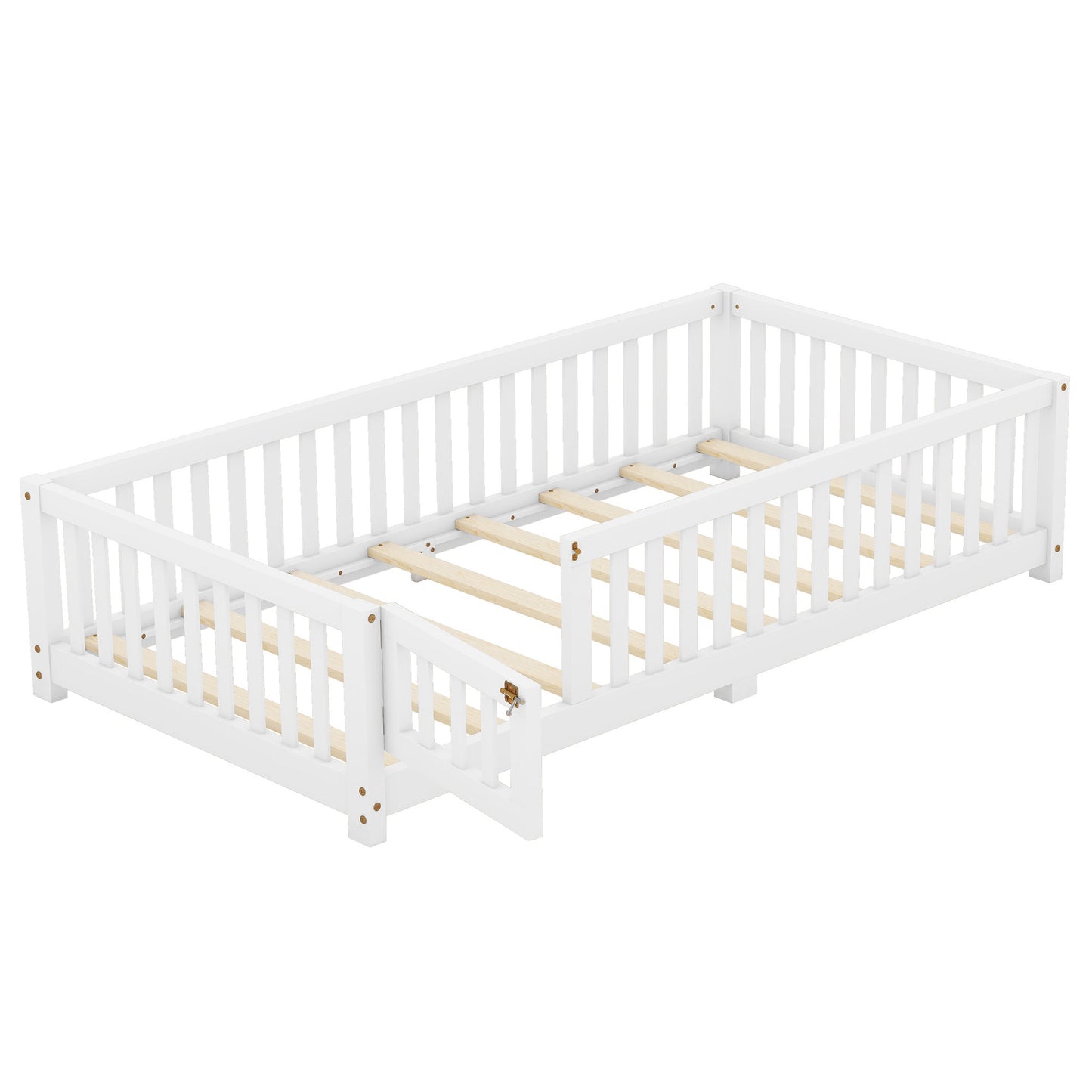 iRerts Twin Floor Bed Frame for Toddlers Kids, Wood Twin Montessori Bed Frame with Slats, Fence, Door, Kids Montessori Bed Twin Size, Twin Toddler Bed Frame for Boys Girls, White