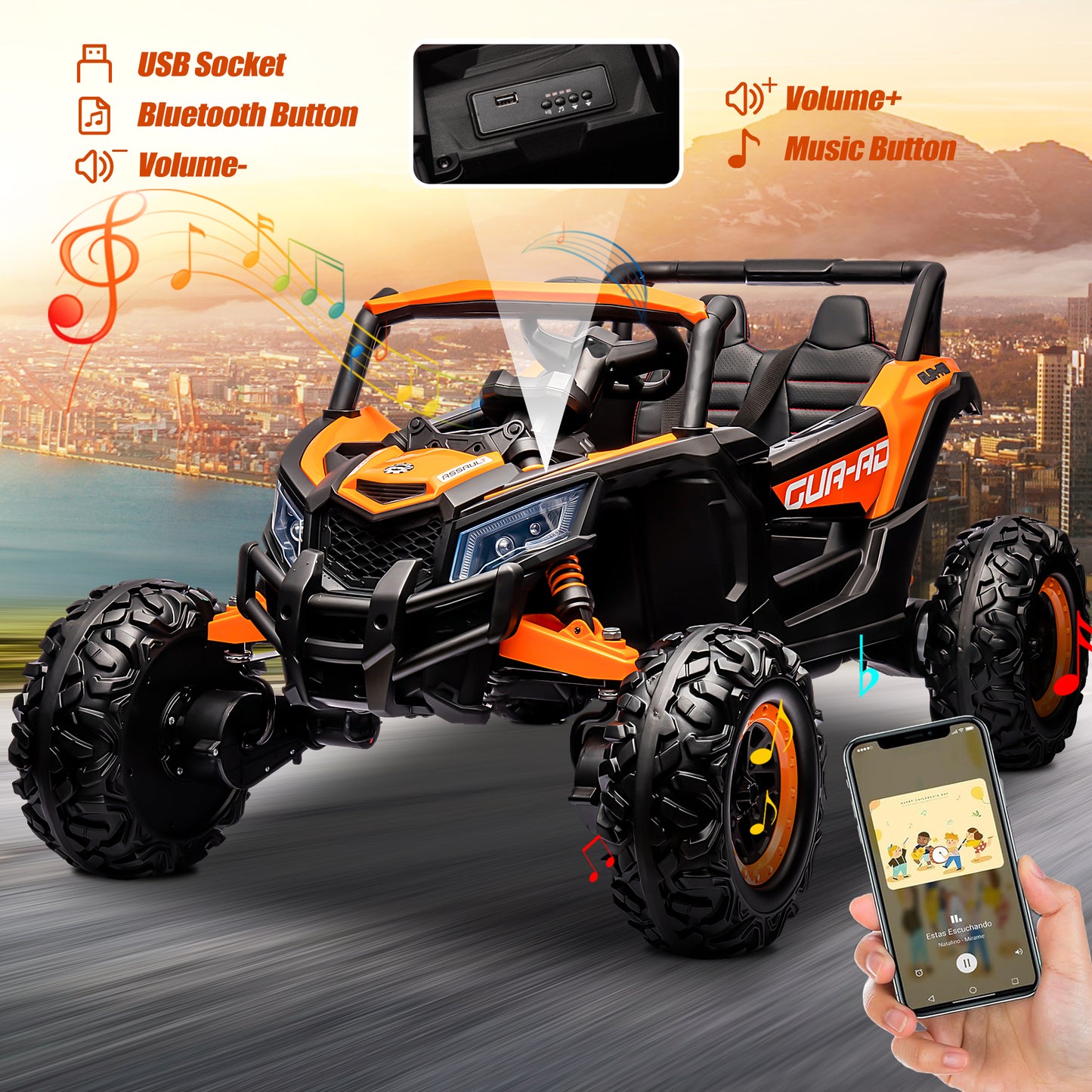 iRerts Orange 24V Battery Powered Ride on UTV Cars for Boys Girls, Kids Ride on Toys with Remote Control, Music, LED Light, USB, Bluetooth, Large Seat Kids Electric Vehicle for Christmas Birthday Gift