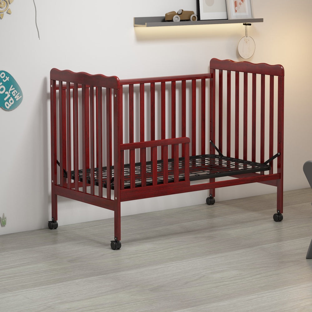 iRerts 3 In 1 Convertible Baby Crib, Wood Converts from Baby Crib to Toddler Bed and Daybed, Baby Bed with Locking Wheels, 4 Adjustable Mattress Heights, Non-Toxic Finish, Cherry