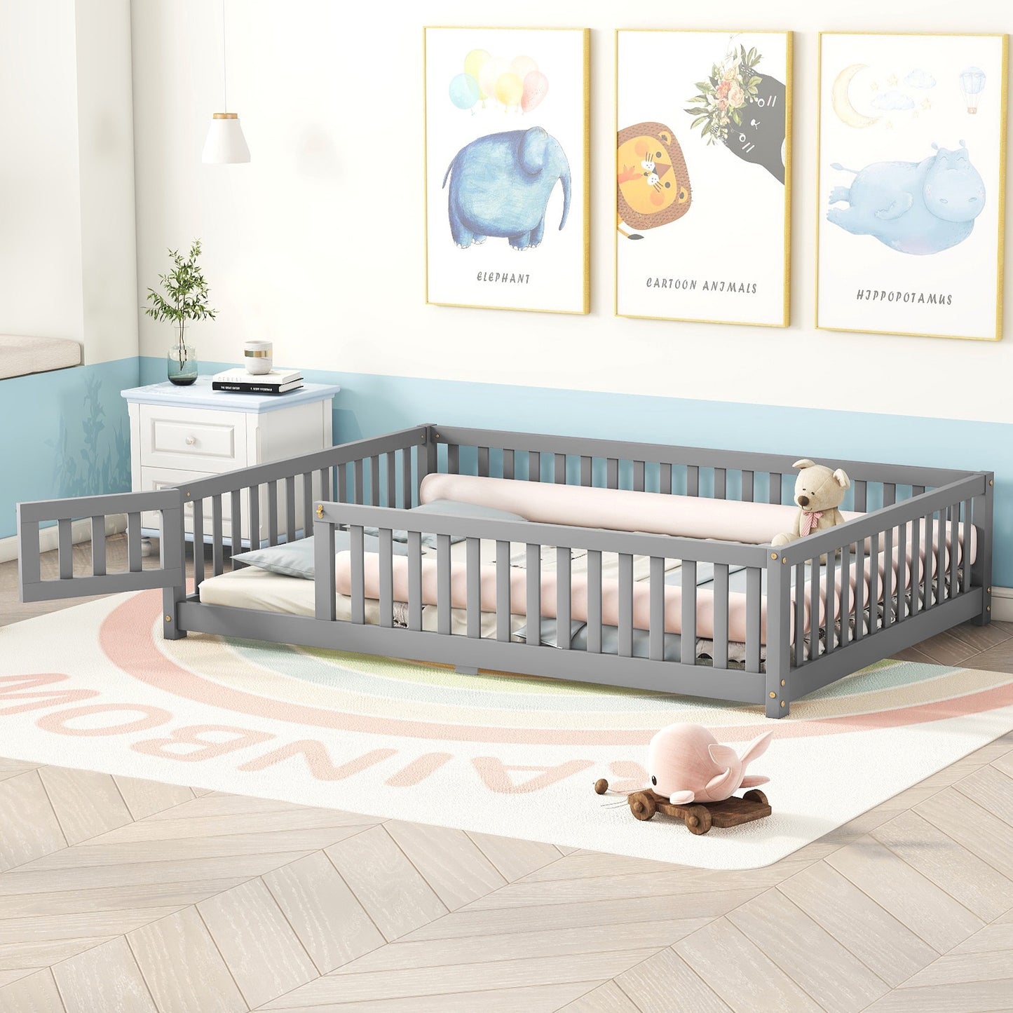 iRerts Full Floor Bed Frame for Toddlers Kids, Wood Full Montessori Bed Frame with Slats, Fence, Door, Kids Montessori Bed Full Size, Full Toddler Bed Frame for Boys Girls, Gray