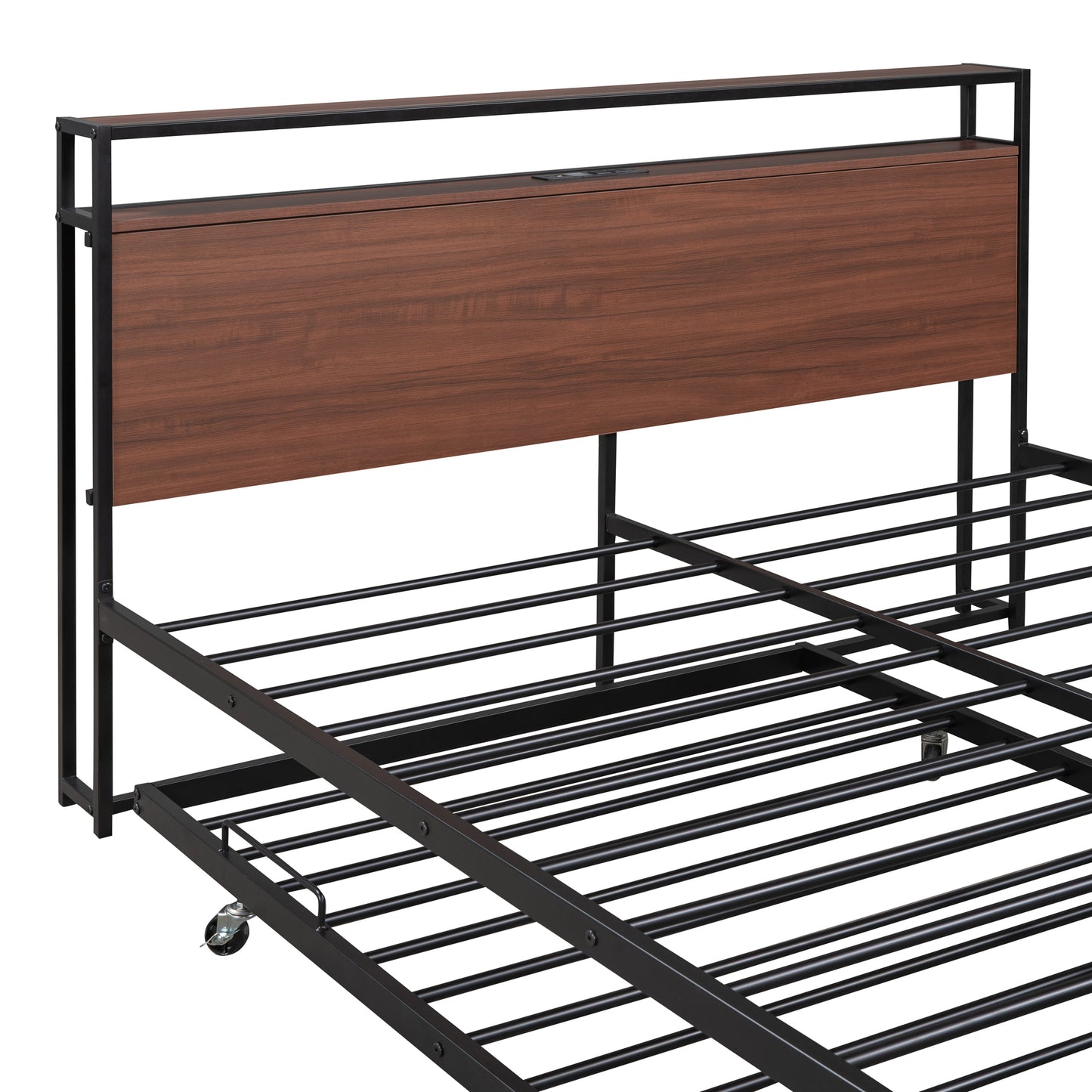 Queen Size Metal Platform Bed Frame with Twin Size Trundle, Queen Size Bed Frame with Storage Headboard, Outlet/USB Ports, Steel Slat Support, Queen Bed Frame No Box Spring Needed for Bedroom, Black