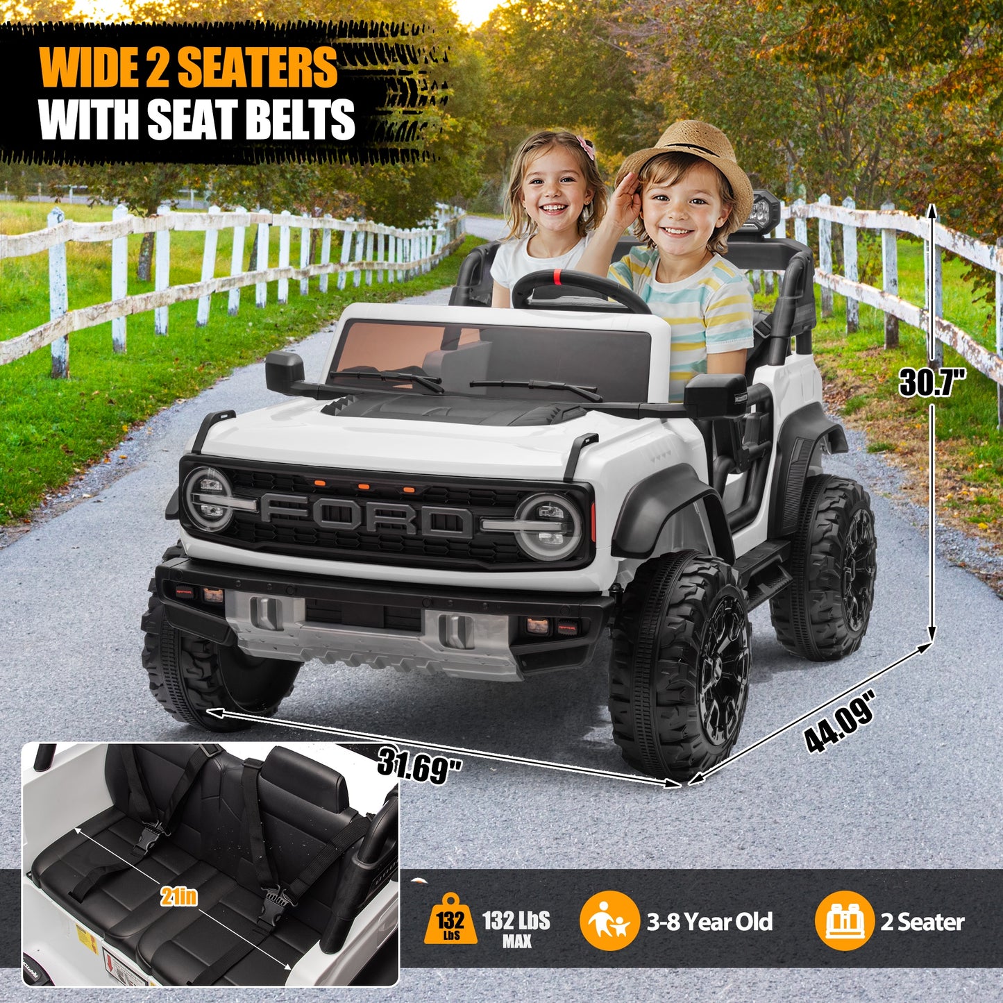 Ford Bronco Raptor 24V Ride on Toys, 2 Seater Ride on Cars with Remote Control, Bluetooth Music, Spring Suspension, Battery Powered Electric Car for Kids Ages 3-8, White