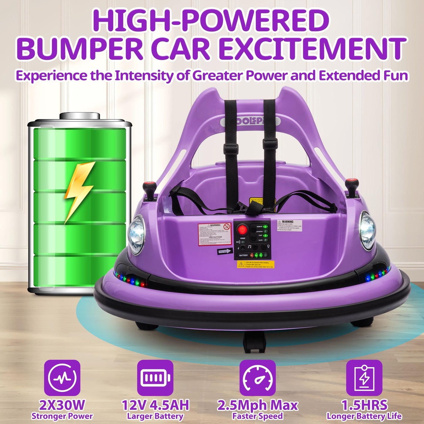 iRerts 12V Bumper Cars for Kids, Bumper Car Ride on with Remote Control, Battery Powered Kids Ride on Toys for 2-5 Year Old Boys Girls, Kids Electric Cars with Bluetooth, Music, LED Light, Purple