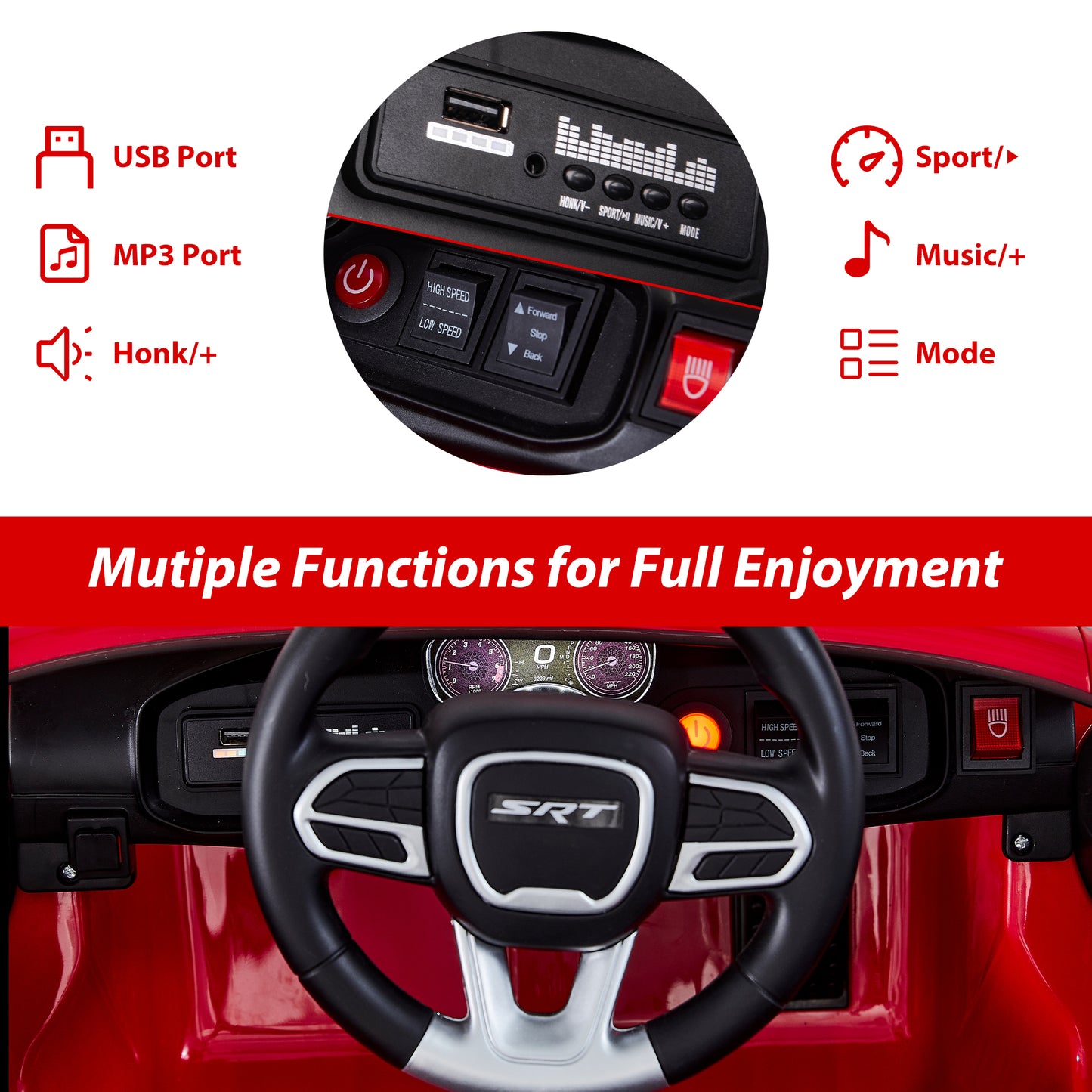 Dodge Charger 12V Ride On Cars with Remote Control, Ride On Vehicles for Kids with LED Light, Bluetooth, USB, MP3, Battery Powered Ride on Toys for Boys Girls 3-5 Years Old Birthday Gifts, Red