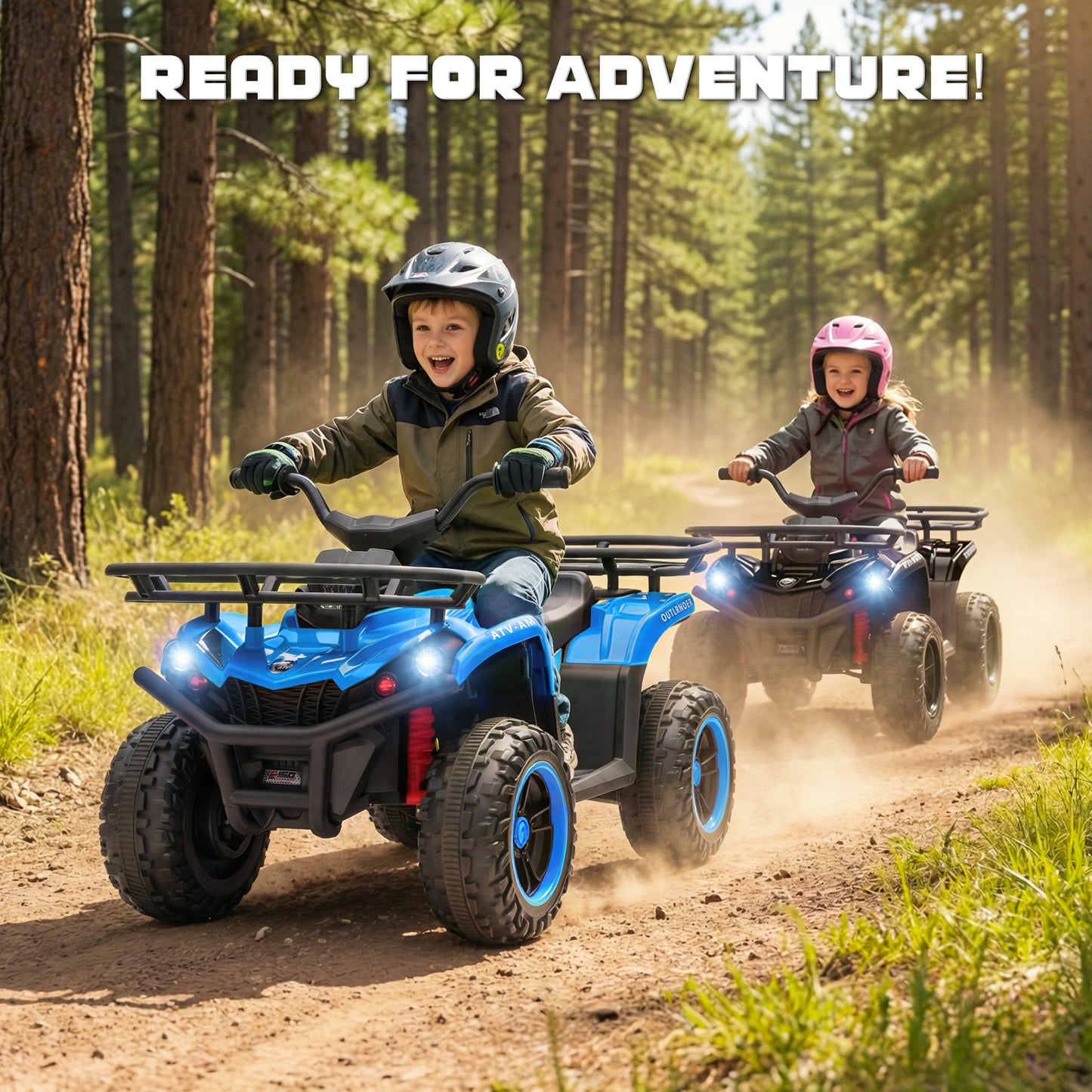 iRerts 24V Ride on ATV, Powered Ride on Toys for Kids Boys Girls Ages 3-5, Kids 4 Wheeler Electric Cars with Bluetooth, Music, LED Headlights, Front Rear Storage Racks, Crash Bars, Blue